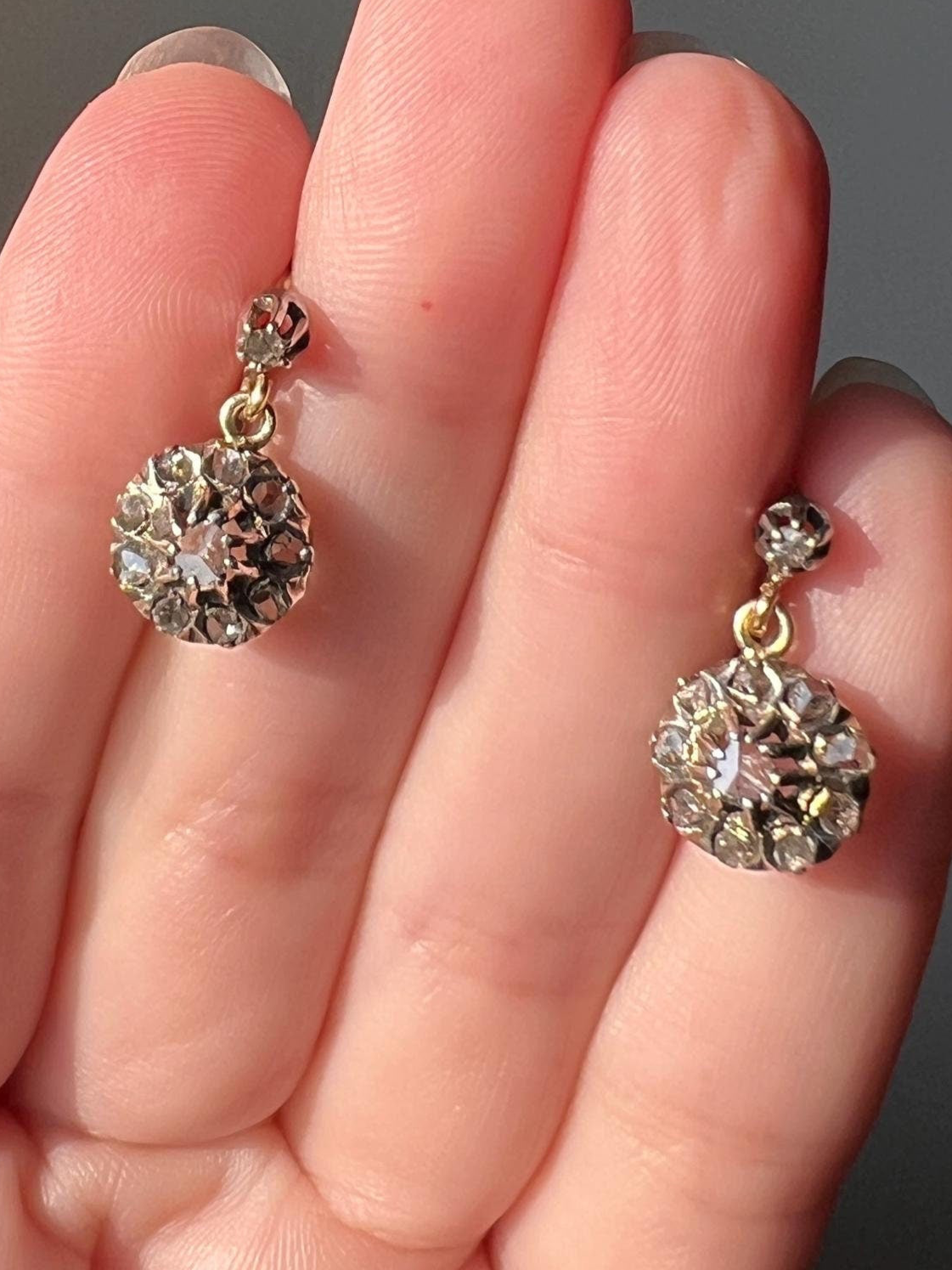 Victorian Antique Rose Cut DIAMOND Cluster Dangle EARRINGs 18k Gold 14k French Bridal