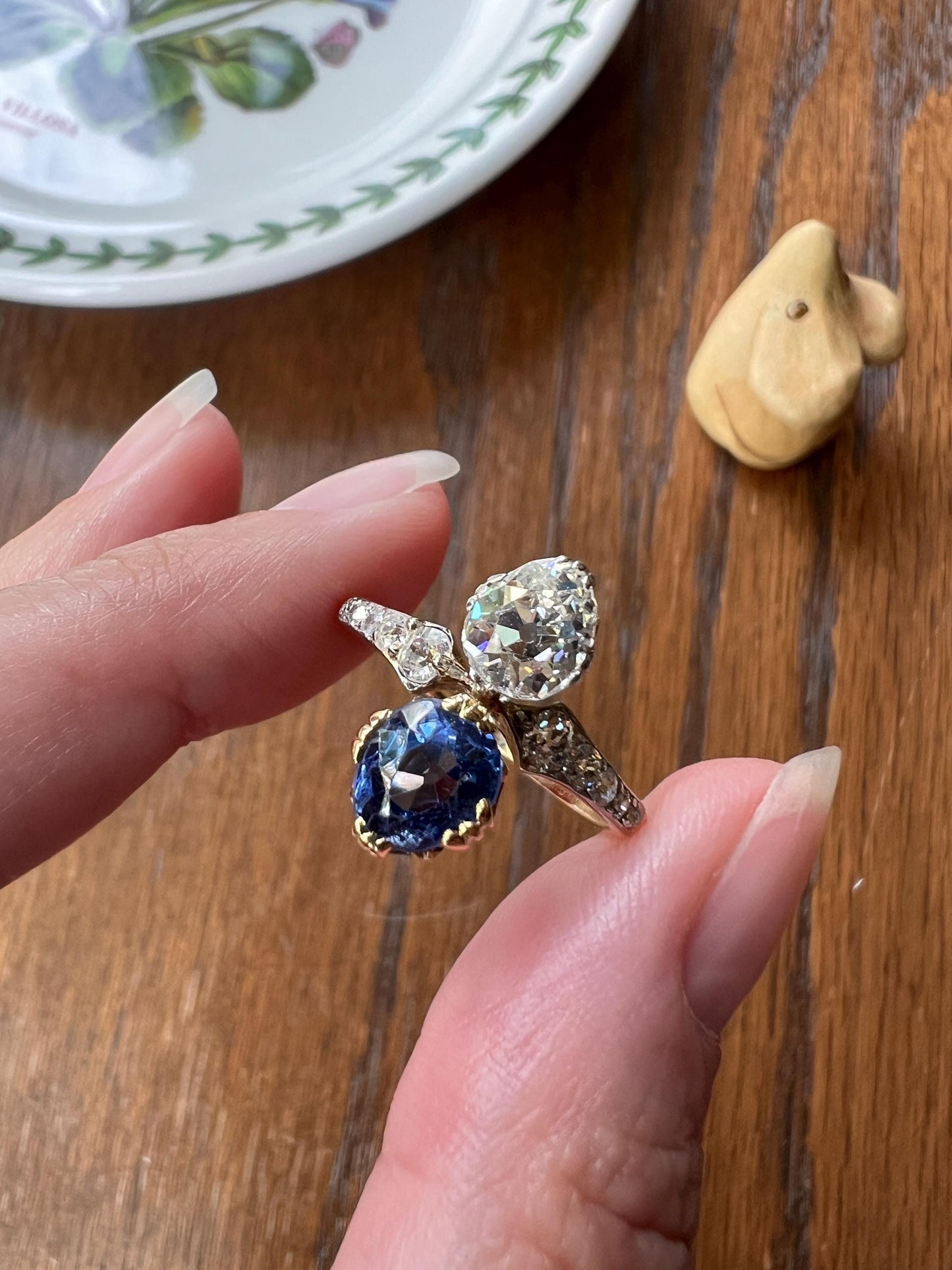 Antique No Heat PEAR Natural Ceylon SAPPHIRE Old Mine Cut DIAMOND Toi et Moi Ring 1 Carat Tdw French 18k Gold Platinum Ring Belle Epoque OmC