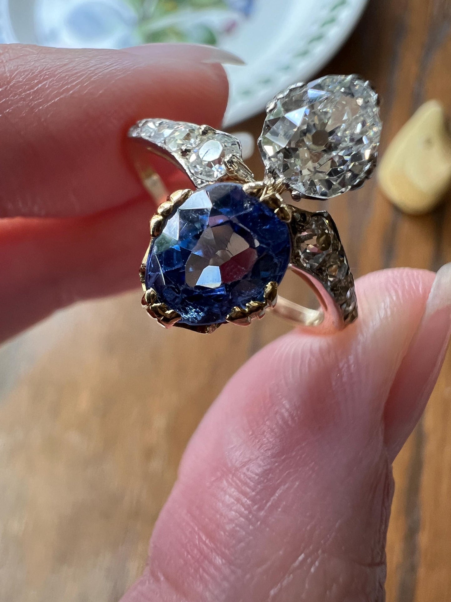 Antique No Heat PEAR Natural Ceylon SAPPHIRE Old Mine Cut DIAMOND Toi et Moi Ring 1 Carat Tdw French 18k Gold Platinum Ring Belle Epoque OmC