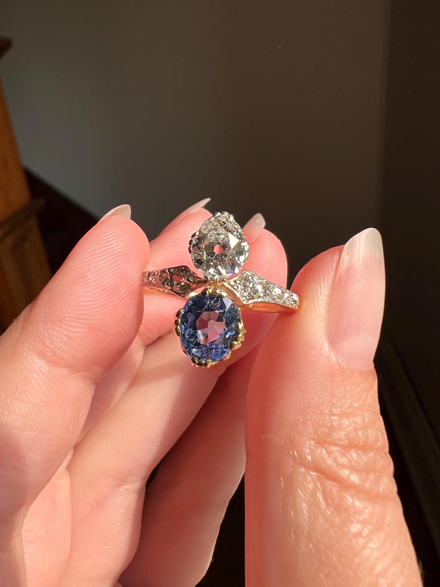 Antique No Heat PEAR Natural Ceylon SAPPHIRE Old Mine Cut DIAMOND Toi et Moi Ring 1 Carat Tdw French 18k Gold Platinum Ring Belle Epoque OmC