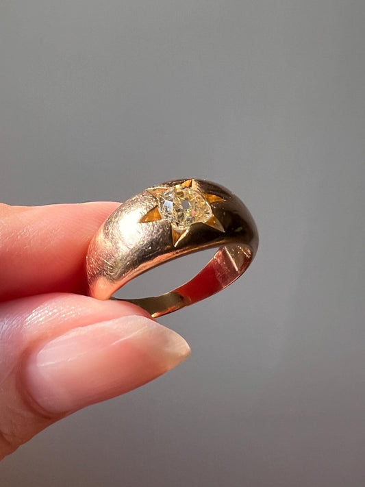 STAR Antique .6 Carat Pale YELLOW Old Mine Cut DIAMOND Gypsy Ring 8.3g 18k Gold Rosy Domed Chunky Band Romantic Gift Stacker Unisex 0.6 OmC