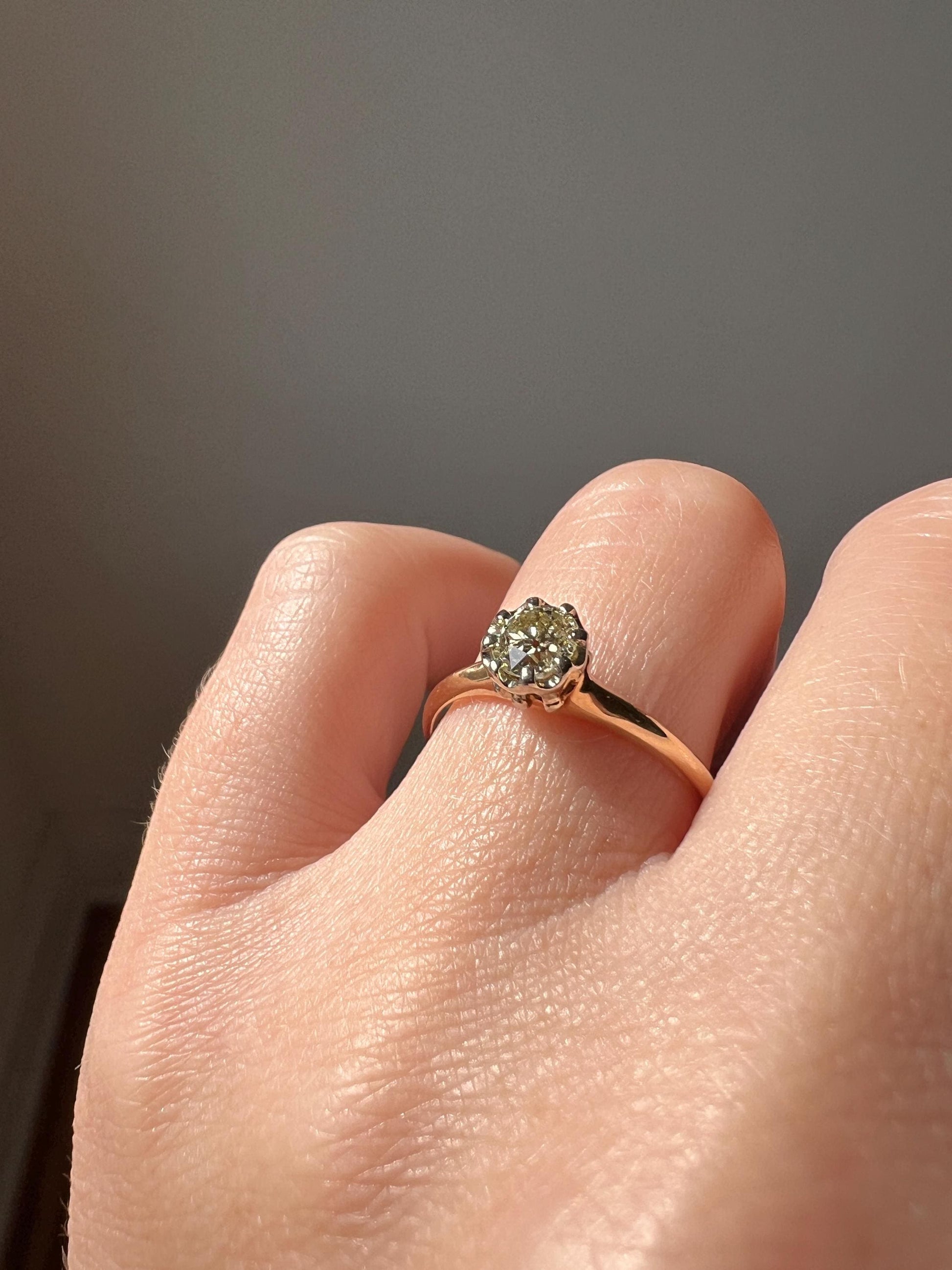 ANTIQUE .4 Carat Pale Yellow Old MiNE Cut DIAMOND Ring 14k Gold Solitaire Engagement Minimalist Stacker OMC Warm Glow Victorian Classic