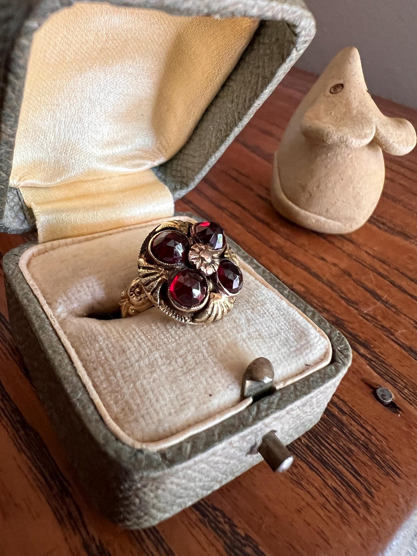 Forget Me Not FLORAL Tri Color 10k GOLD Victorian Antique Rose Cut GARNET Red Crimson Domed Stacker Band Romantic Gift Belle Epoque Pinky