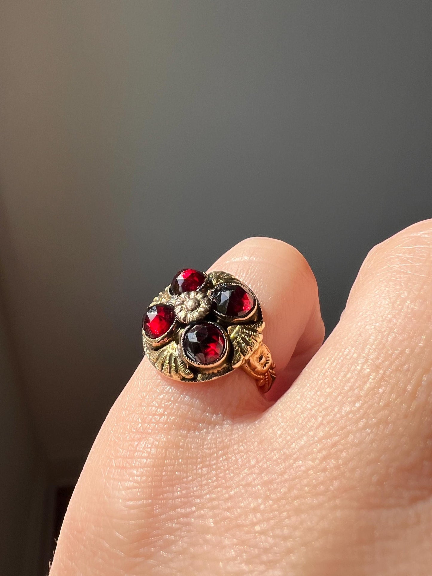 Forget Me Not FLORAL Tri Color 10k GOLD Victorian Antique Rose Cut GARNET Red Crimson Domed Stacker Band Romantic Gift Belle Epoque Pinky