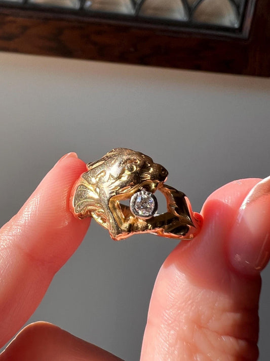 DRAGON Figural Chimera Old Mine Cut DIAMOND French Antique Unisex RING 18k Gold Solid Chunky Band Rare Gift Victorian Belle Epoque OmC Lion