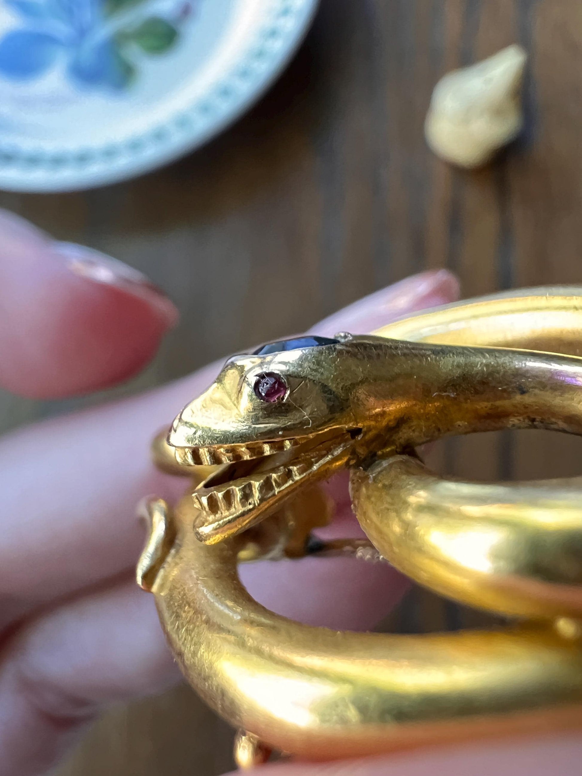 Smiling SNAKE XL Victorian Antique Figural TEETH! 7.5g 18k Gold Solid Brooch or Pendant Holder Connector Sapphire Head Ruby Eyes