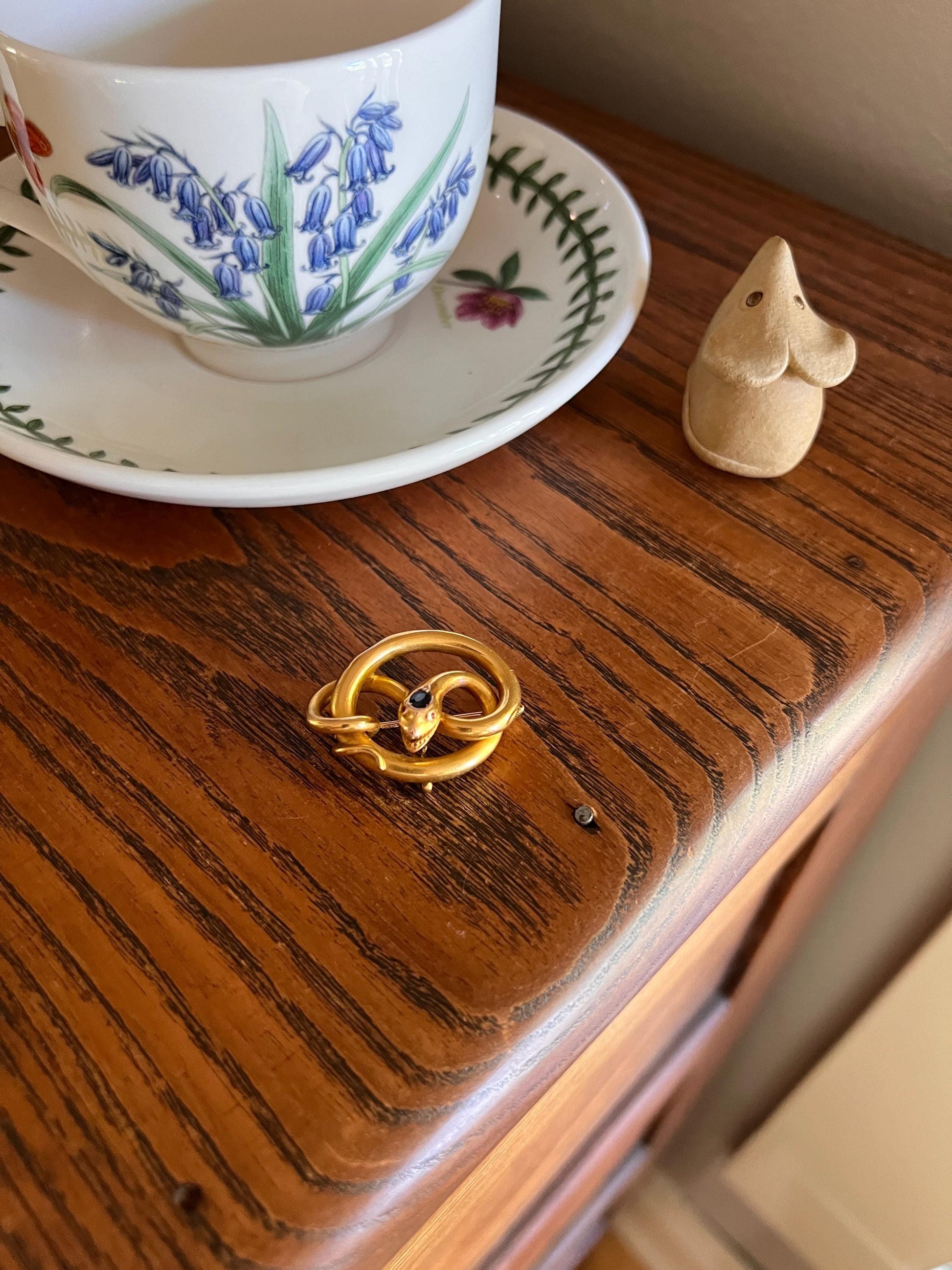 Smiling SNAKE XL Victorian Antique Figural TEETH! 7.5g 18k Gold Solid Brooch or Pendant Holder Connector Sapphire Head Ruby Eyes