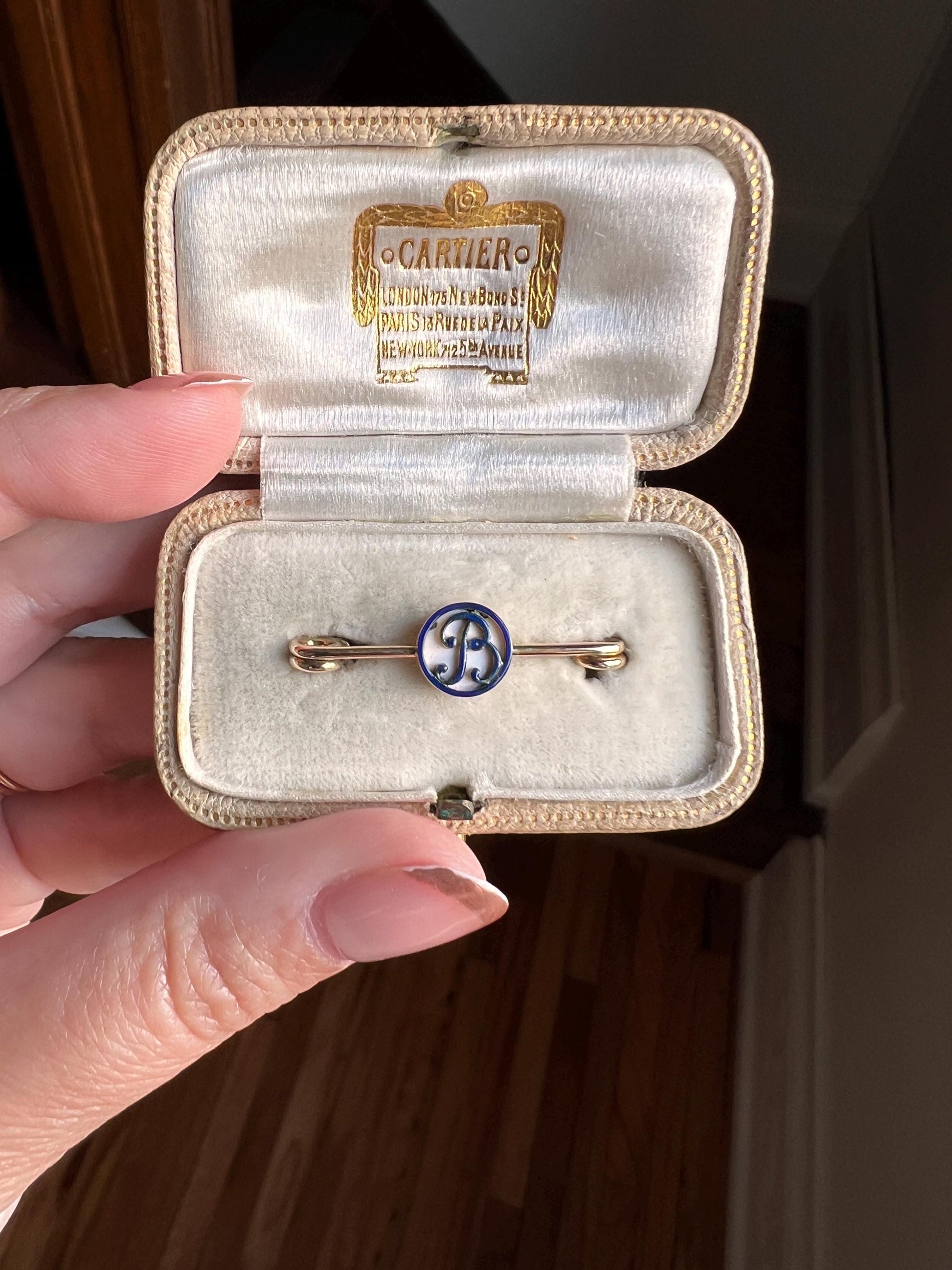 CARTIER Antique Rare BOXED Dated 1912 Letter B Initial Safety Pin Pendant Charm Holder Connector Extender Art Nouveau Brooch Special Gift