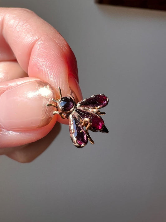 Glowing Perpignan GARNET Pink Purple Teardrop Gemset BUG Fly BEE Charm French Antique Victorian Figural Pendant Rose Cut 18k Gold Figural