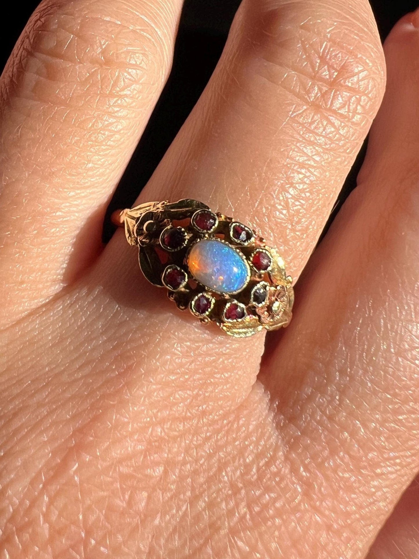 FLORAL Tri Color 18k Gold Blue Opal Garnet Halo Antique FRENCH Traditional Wedding Ring Stacker Romantic Gift Figural Flowers Rose Green