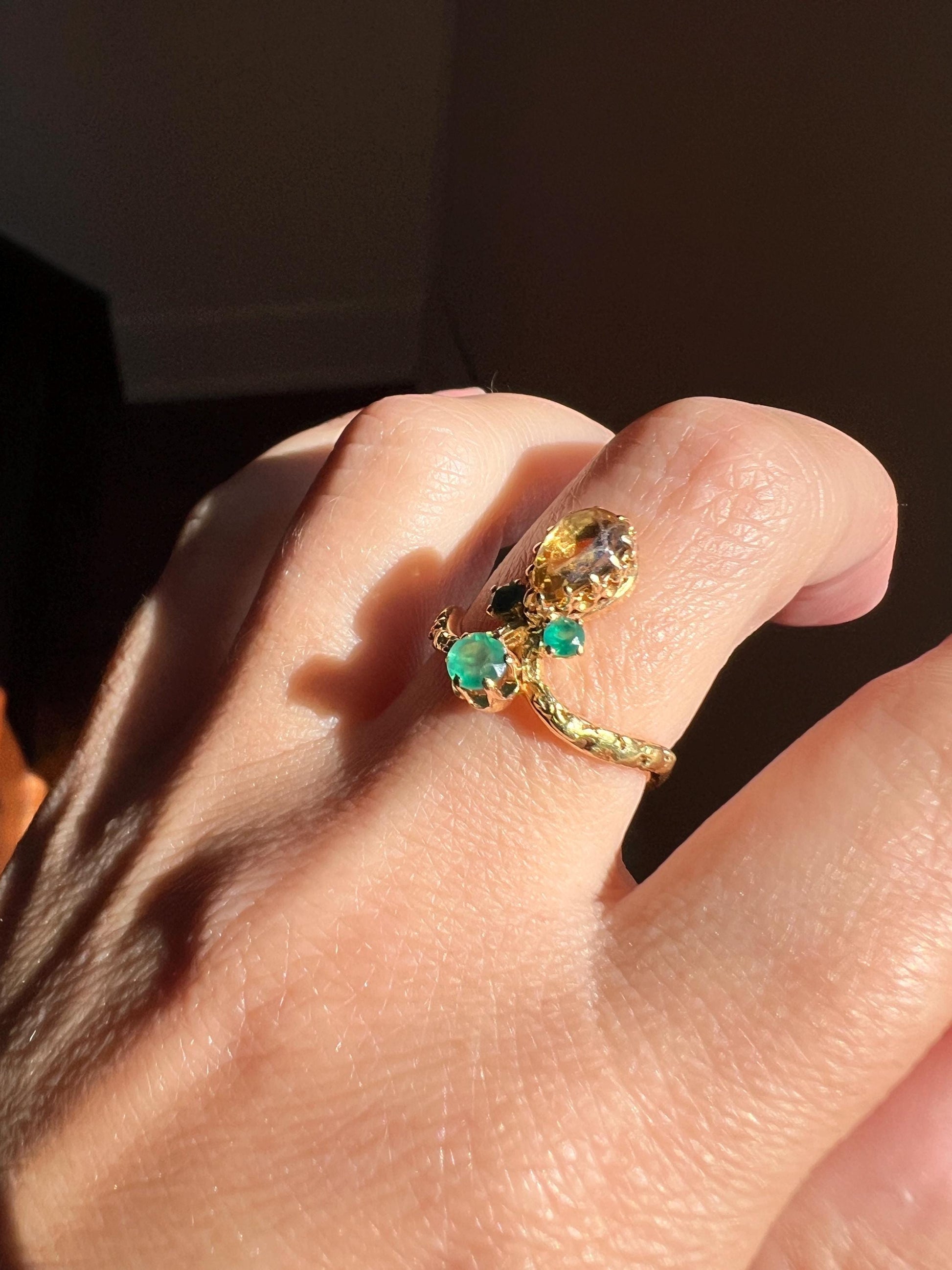 TIARA Ring French Antique VICTORIAN Green Emerald Yellow Pear Citrine 18k Tricolor Gold Stacker Romantic Gift Crown Prong Green Bay Packers