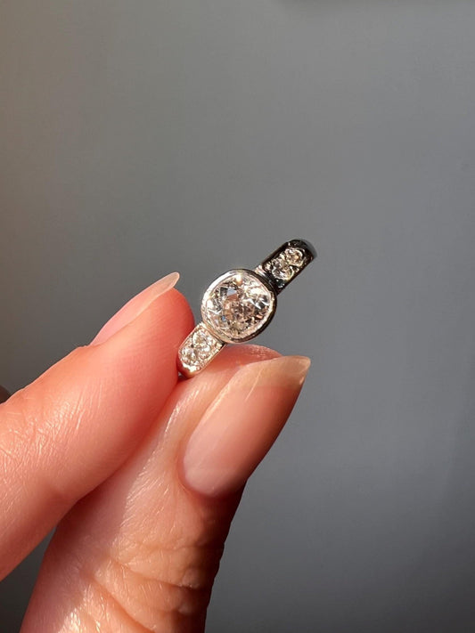 Antique .8 Carat Old Mine Cut DIAMOND Five Stone 14k White Gold Ring Art Deco Band Solitaire w/ Accents Engagement Stacker Romantic Gift OMC