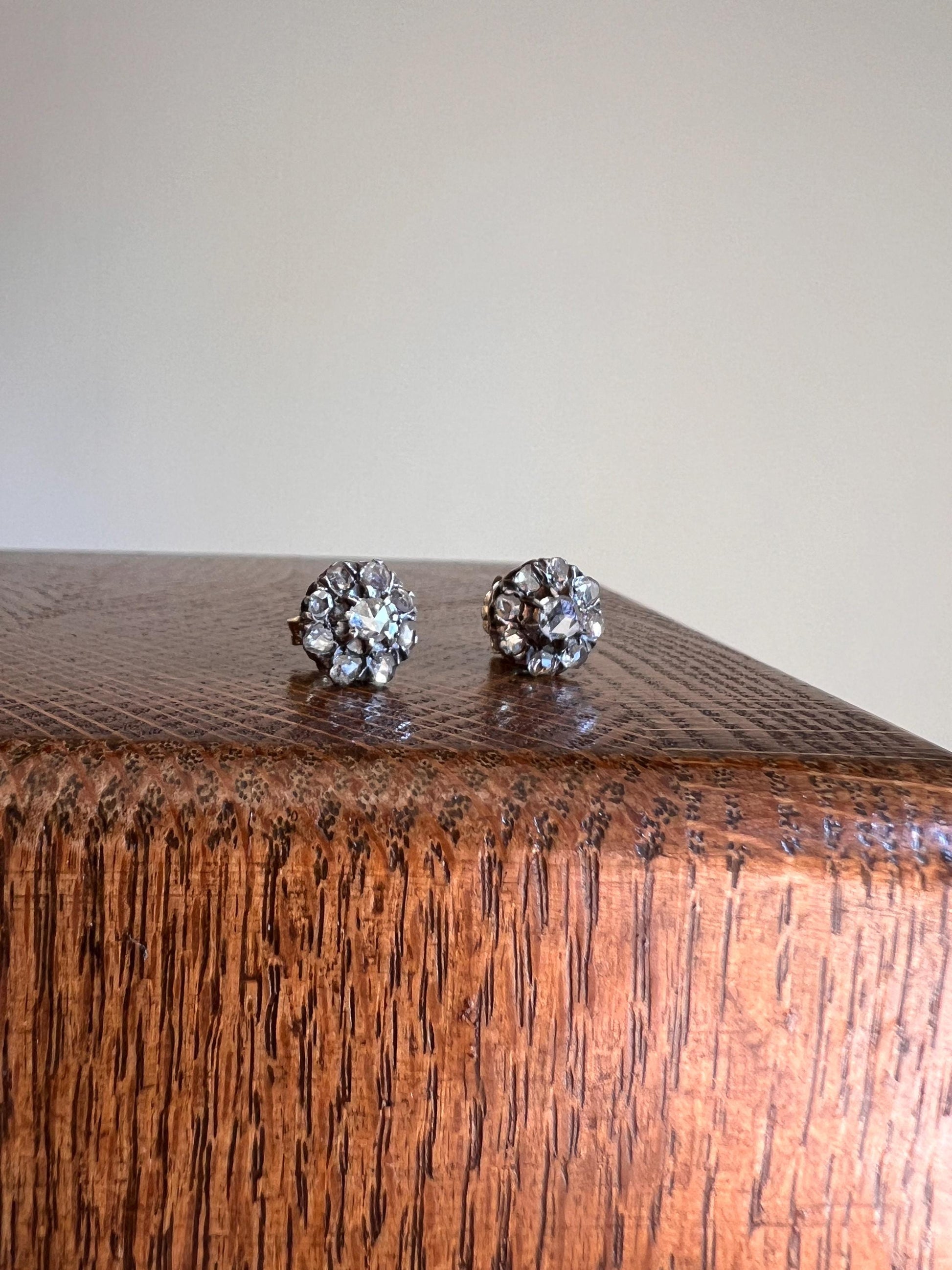 Victorian Antique Rose Cut DIAMOND Cluster Stud EARRINGs French Bridal Romantic Gift Daisy Floral Belle Epoque Something Old Open Back