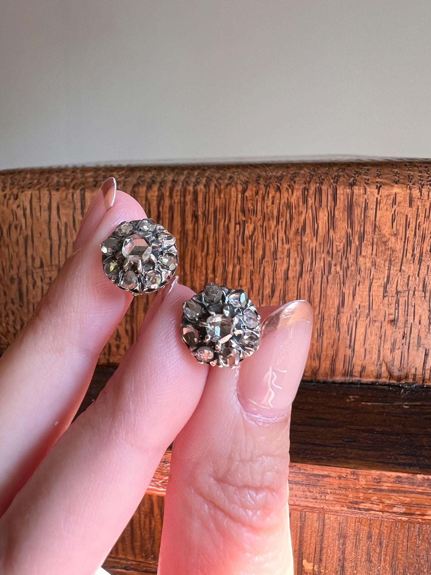 Victorian Antique Rose Cut DIAMOND Cluster Stud EARRINGs French Bridal Romantic Gift Daisy Floral Belle Epoque Something Old Open Back