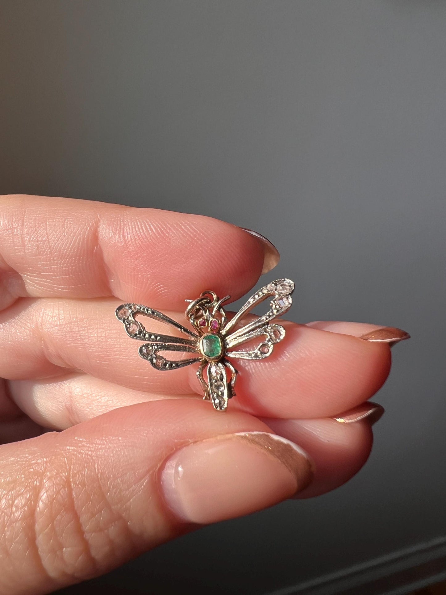 Dragonfly Butterfly BUG Fly Bee French Antique Victorian Figural Pendant Emerald Rose Cut DIAMOND Ruby 18k Gold Silver Figural Wings Green