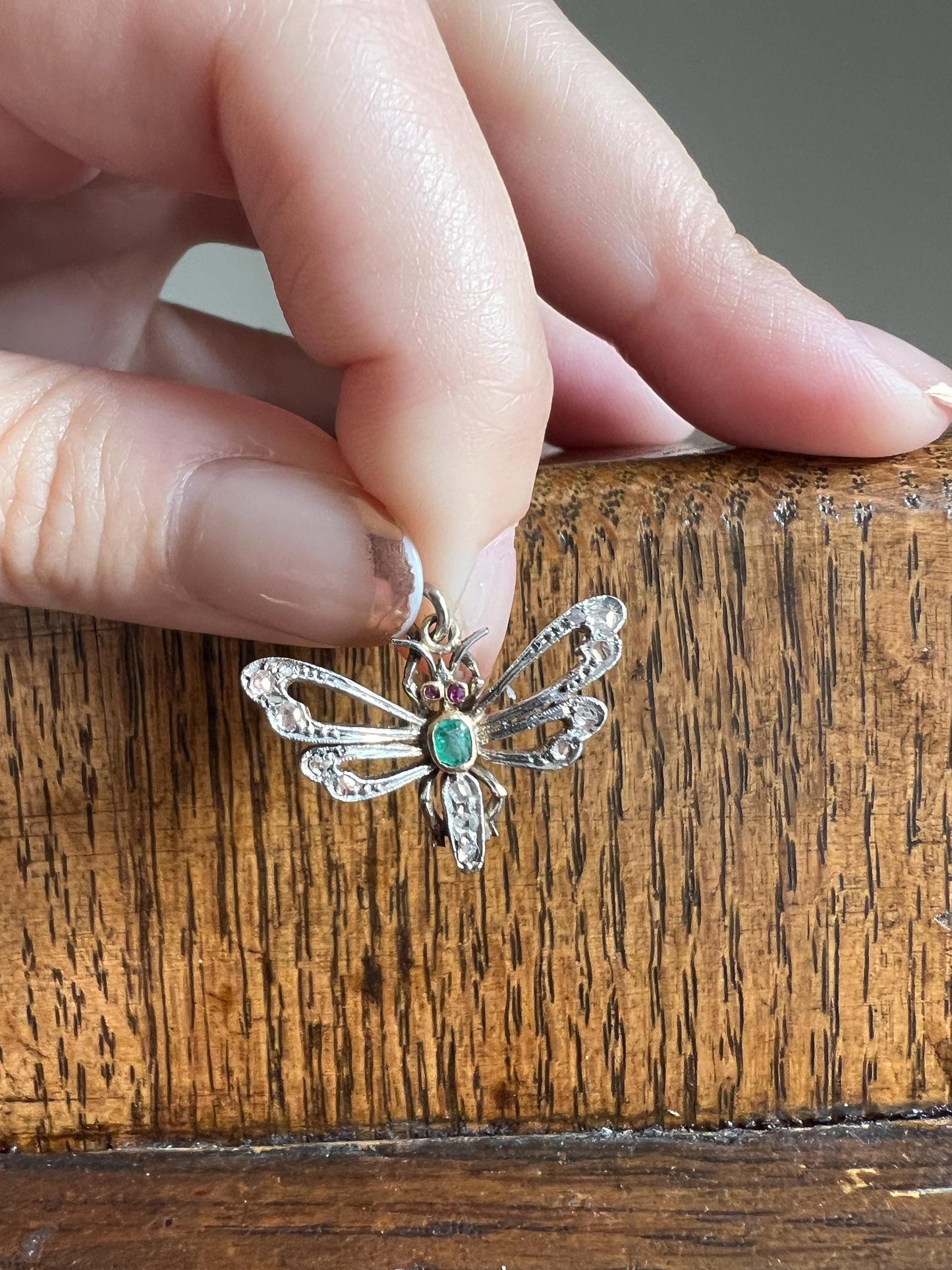 Dragonfly Butterfly BUG Fly Bee French Antique Victorian Figural Pendant Emerald Rose Cut DIAMOND Ruby 18k Gold Silver Figural Wings Green