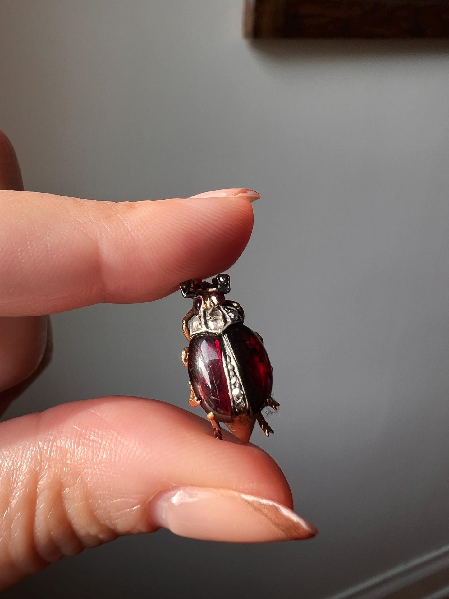 BUG Beetle GARNET Wing Rose Cut Diamond French Antique Victorian Figural Pin Brooch for Pendant 18k Gold Gift Red Carbuncle Scarab Connector