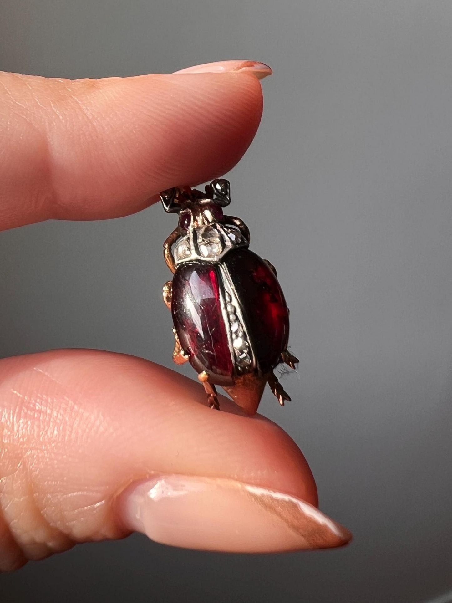 BUG Beetle GARNET Wings Rose Cut Diamond French Antique Victorian Figural Pendant 18k Gold Gift Red Carbuncle Scarab