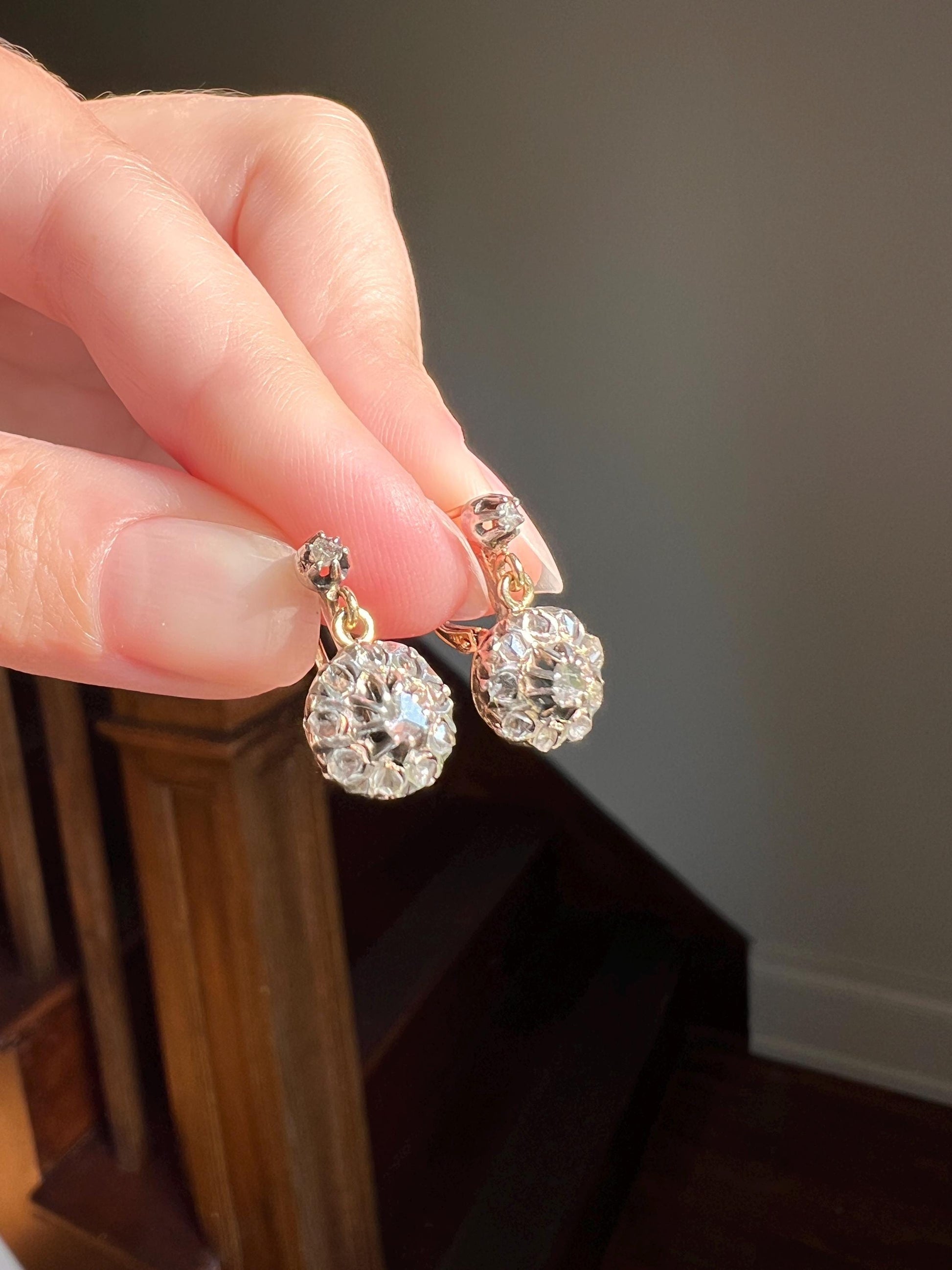 Victorian Antique Rose Cut DIAMOND Cluster Dangle EARRINGs 18k Gold 14k French Bridal Romantic Gift Daisy Belle Epoque Something Old OpenBck