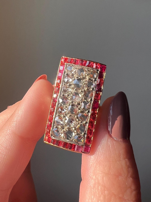 Mega ANTIQUE 1.1 Inch Rose Cut DIAMOND Natural RUBY Halo Rectangular Panel Lozenge Ring 18k Gold