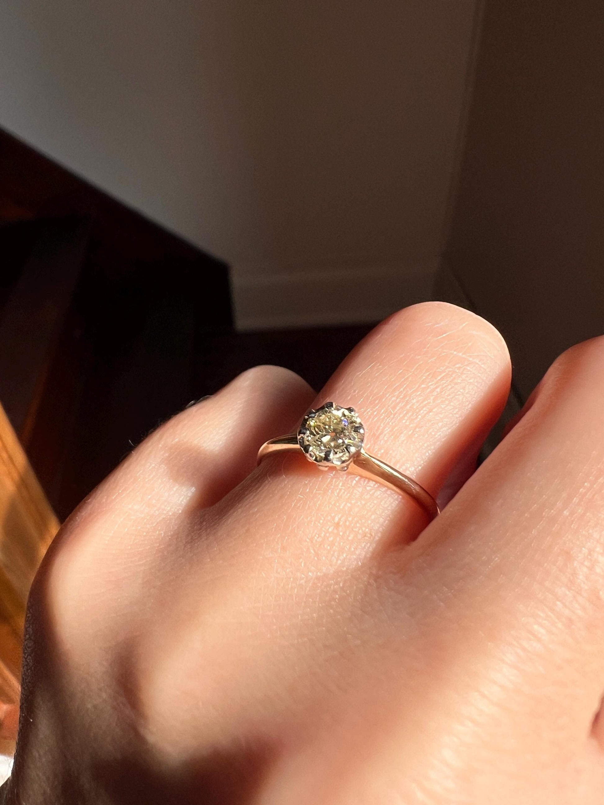 ANTIQUE .4 Carat Pale Yellow Old MiNE Cut DIAMOND Ring 14k Gold Solitaire Engagement Minimalist Stacker OMC Warm Glow Victorian Classic