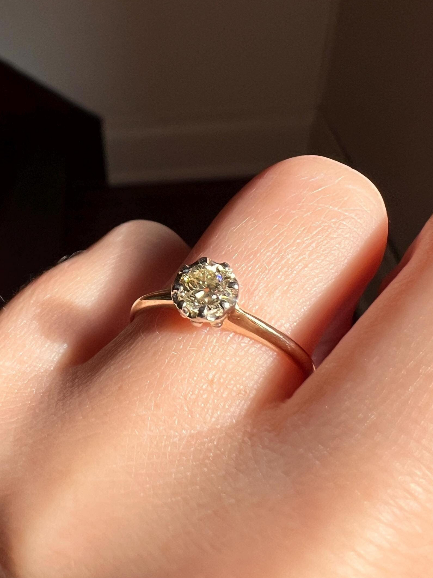 ANTIQUE .4 Carat Pale Yellow Old MiNE Cut DIAMOND Ring 14k Gold Solitaire Engagement Minimalist Stacker