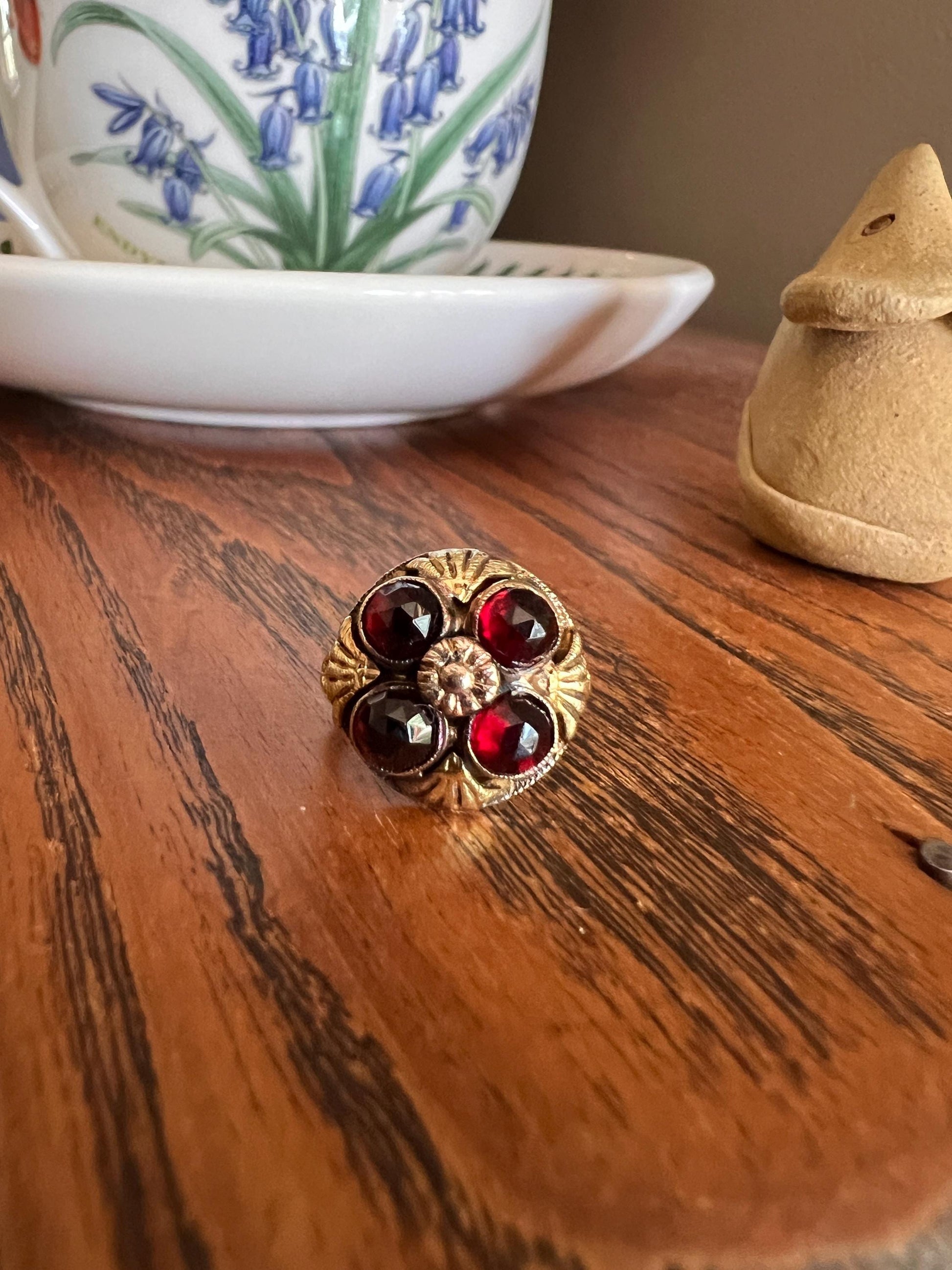 Forget Me Not FLORAL Tri Color 10k GOLD Victorian Antique Rose Cut GARNET Red Crimson Domed Stacker Band Romantic Gift Belle Epoque Pinky