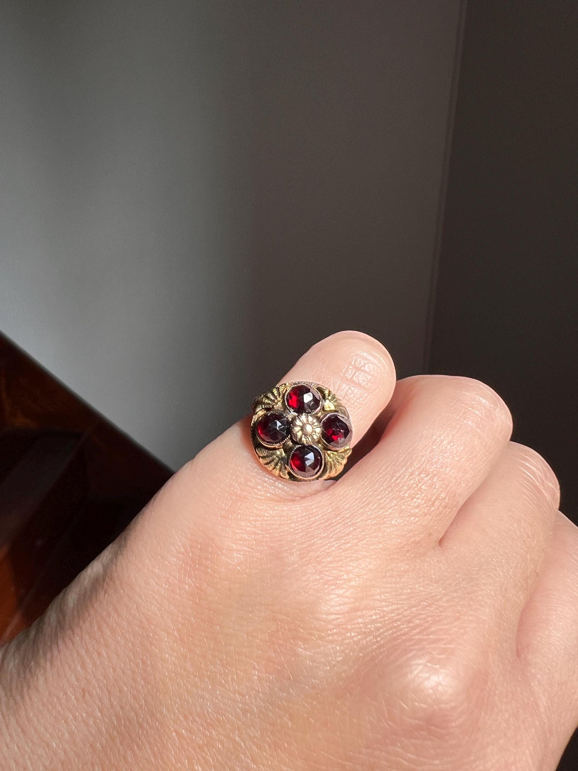 Forget Me Not FLORAL Tri Color 10k GOLD Victorian Antique Rose Cut GARNET Red Crimson Domed Stacker Band Romantic Gift Belle Epoque Pinky