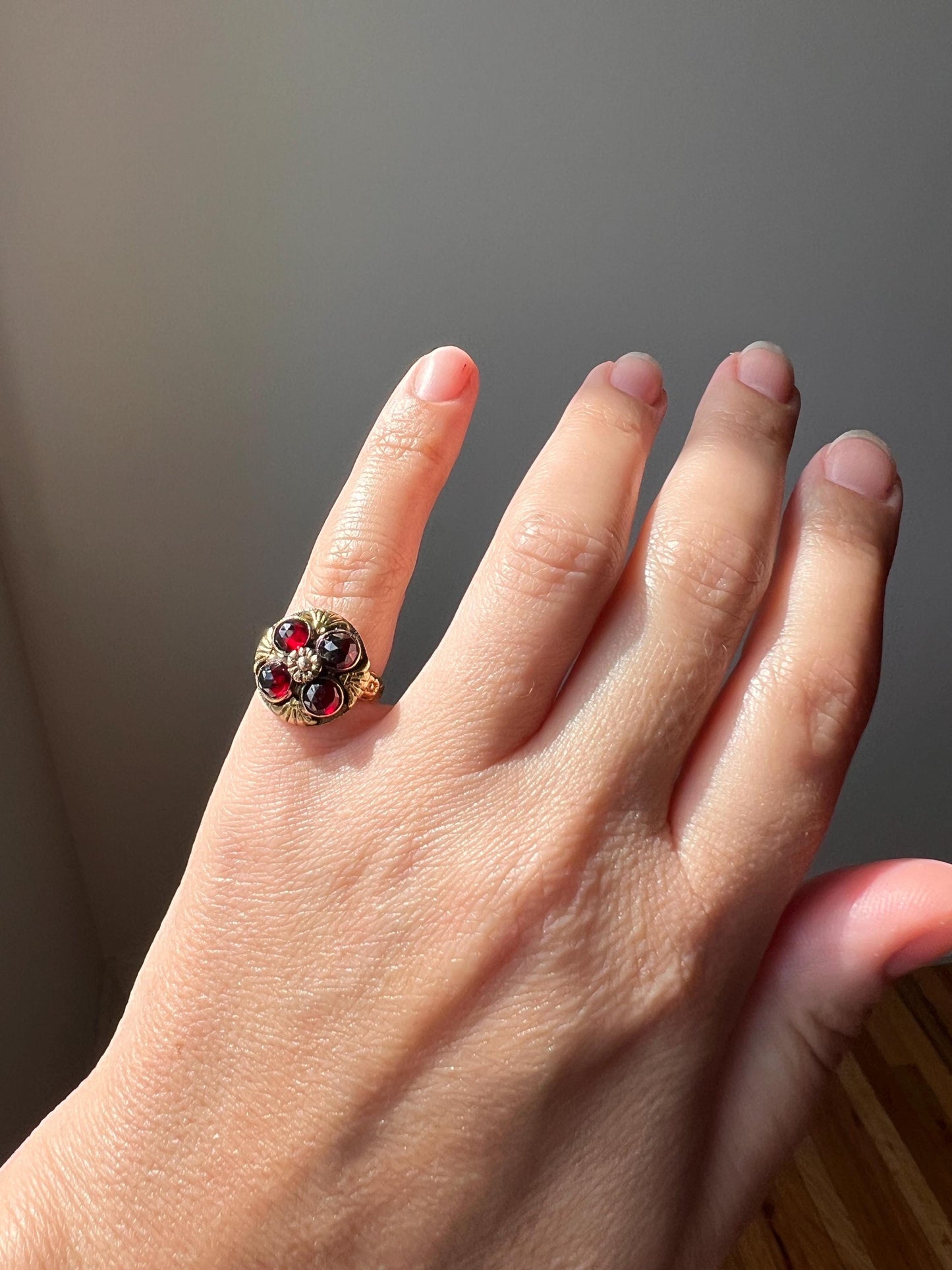 Forget Me Not FLORAL Tri Color 10k GOLD Victorian Antique Rose Cut GARNET Red Crimson Domed Stacker Band Romantic Gift Belle Epoque Pinky