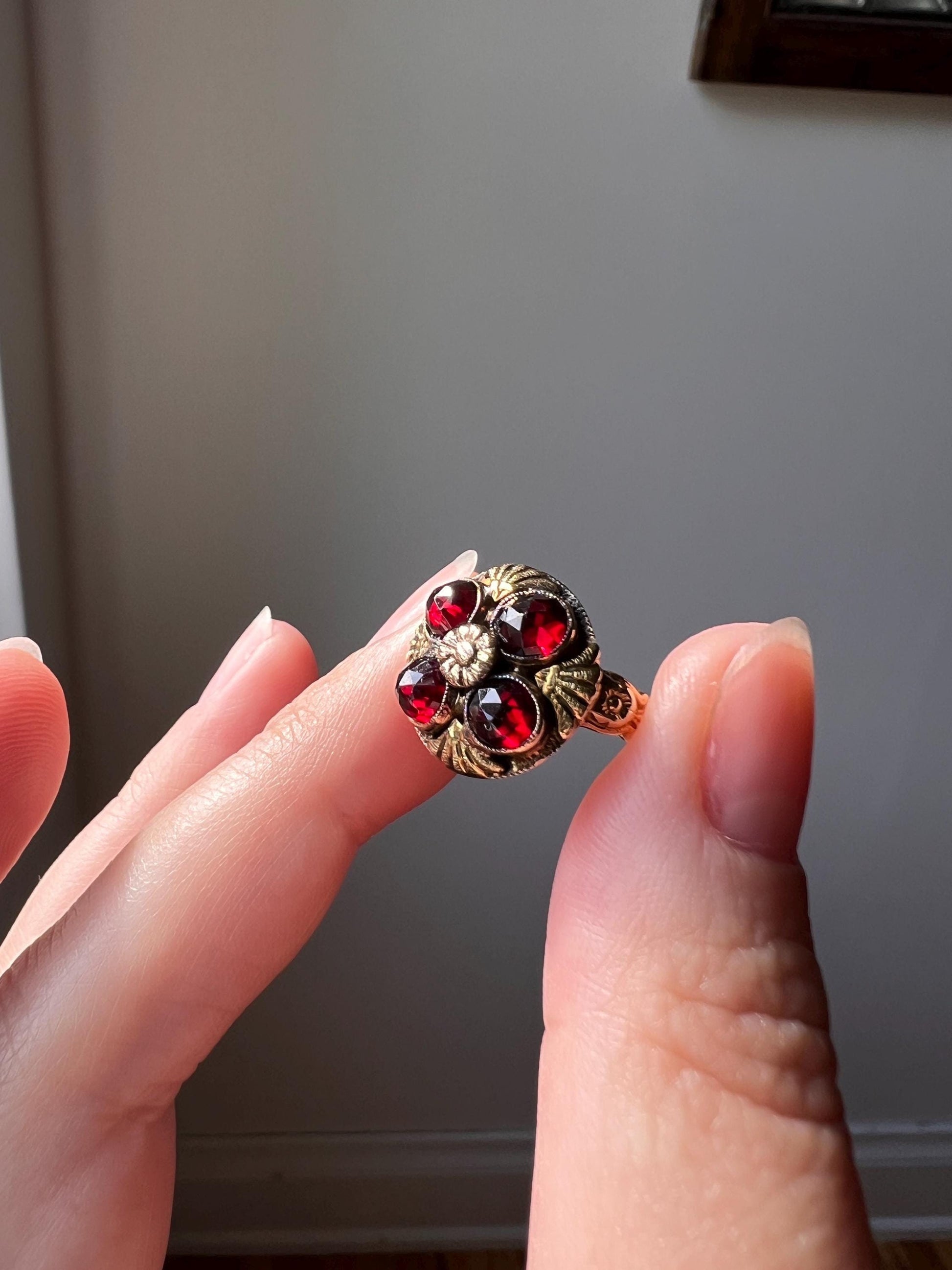 Forget Me Not FLORAL Tri Color 10k GOLD Victorian Antique Rose Cut GARNET Red Crimson Domed Stacker Band Romantic Gift Belle Epoque Pinky