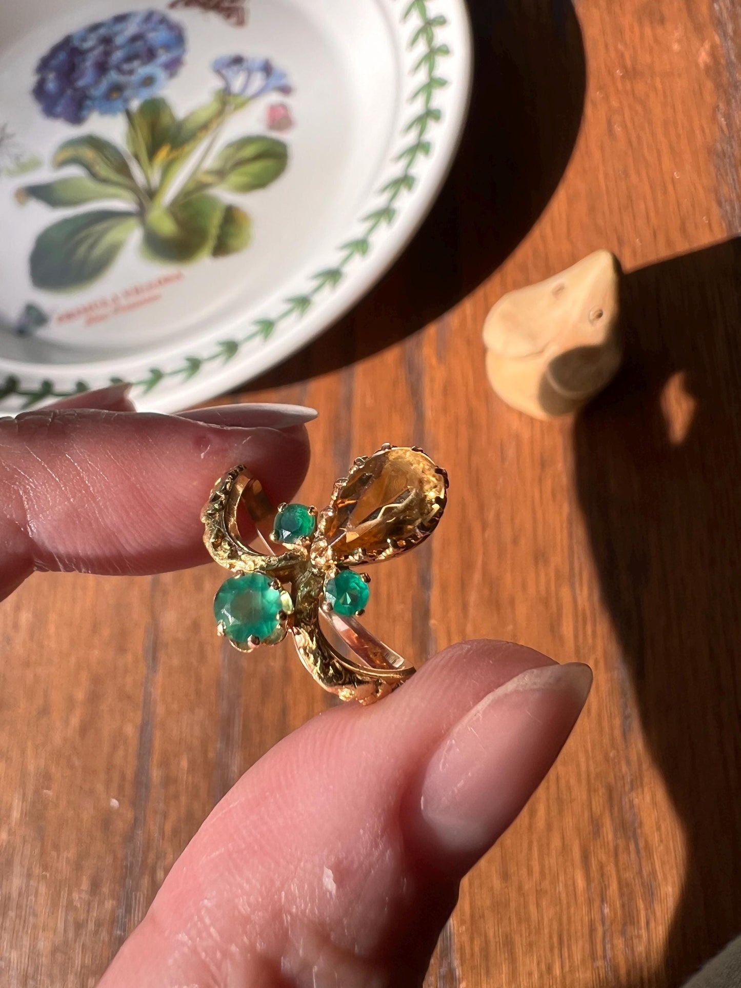 TIARA Ring French Antique VICTORIAN Green Emerald Yellow Pear Citrine 18k Tricolor Gold Stacker Romantic Gift Crown Prong Green Bay Packers