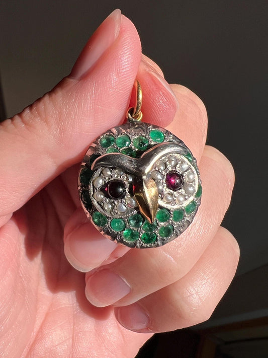 OWL Figural ANTIQUE 9g 22k Gold Silver Collet Set Natural Green EMERALDS Pink Tourmaline Pearl Eyes Pendant Charm Victorian Animal Jewelry