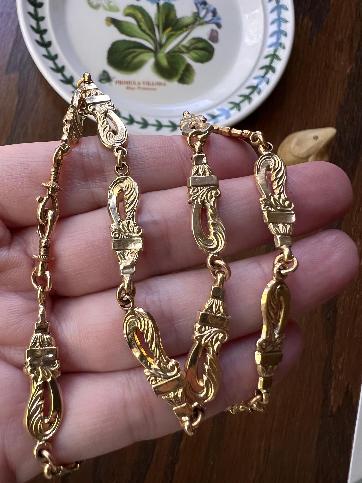 Unique SCROLLED LINK Figural Fancy Watch Chain French 18k Gold 16.5" Choker Necklace Ornate Early VICTORIAN Belle Epoque Double Dog Clip