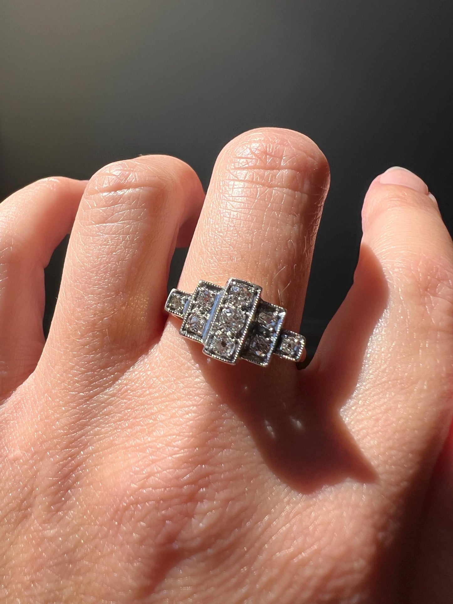 Antique Linear Stepped .45 Carat Old Mine Cut DIAMOND Nine Stone Ring Architectural Milgrain Geometric Unique Romantic Gift Rectangular OmC