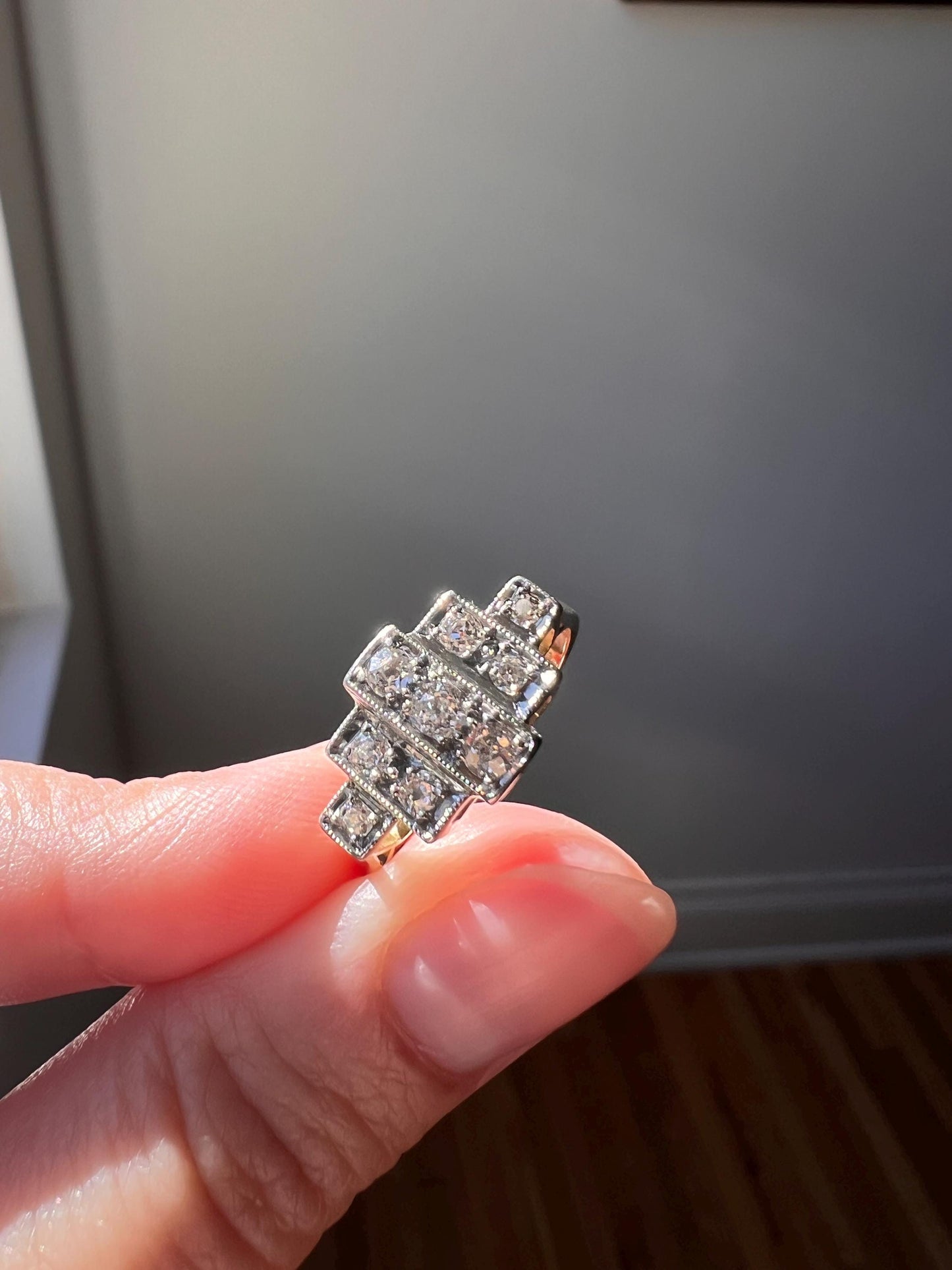 Antique Linear Stepped .45 Carat Old Mine Cut DIAMOND Nine Stone Ring Architectural Milgrain Geometric Unique Romantic Gift Rectangular OmC