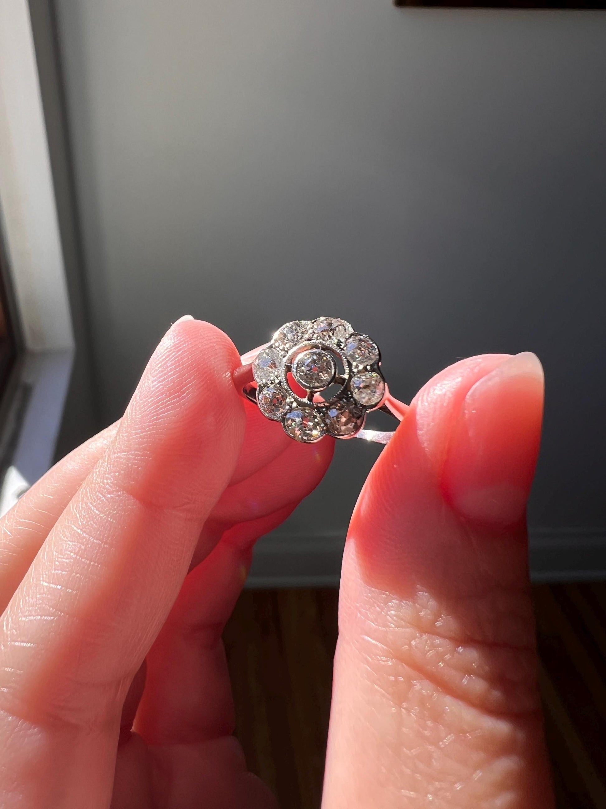 Antique Gold Daisy Cluster Engagement Ring On Finger Antique