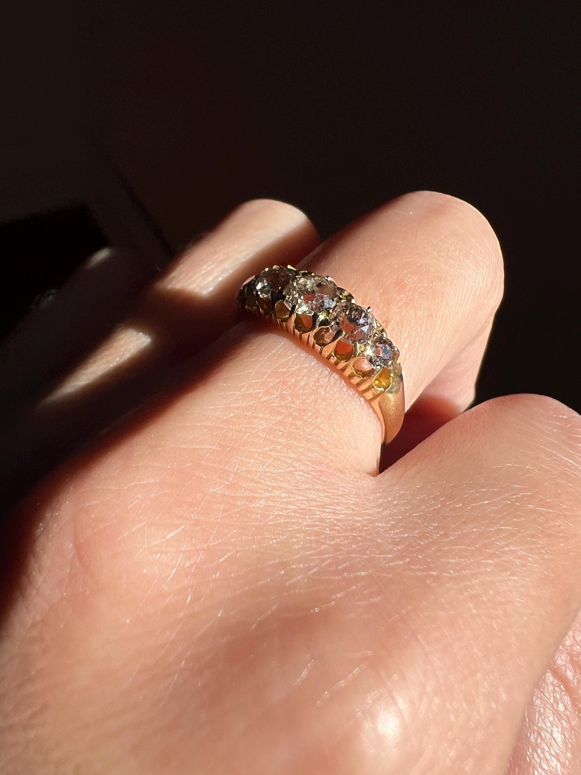 Antique 1.1 Carat Warm Blush Old Mine Cut DIAMOND 5 Five Stone Band Ring 18k Gold Linear c1897 Victorian Romantic Gift Row Stacker Wedding