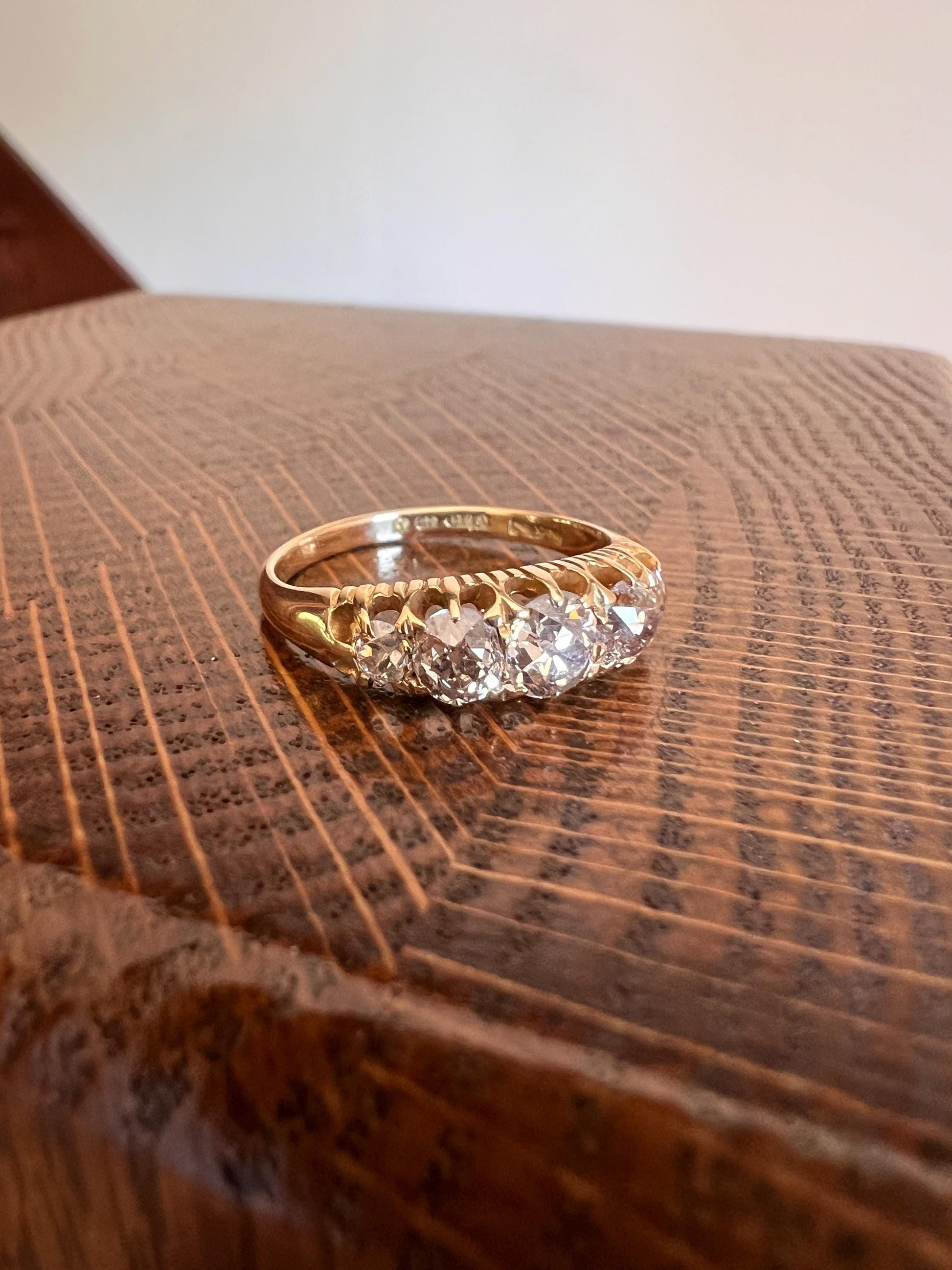 Antique 1.1 Carat Warm Blush Old Mine Cut DIAMOND 5 Five Stone Band Ring 18k Gold Linear c1897 Victorian Romantic Gift Row Stacker Wedding