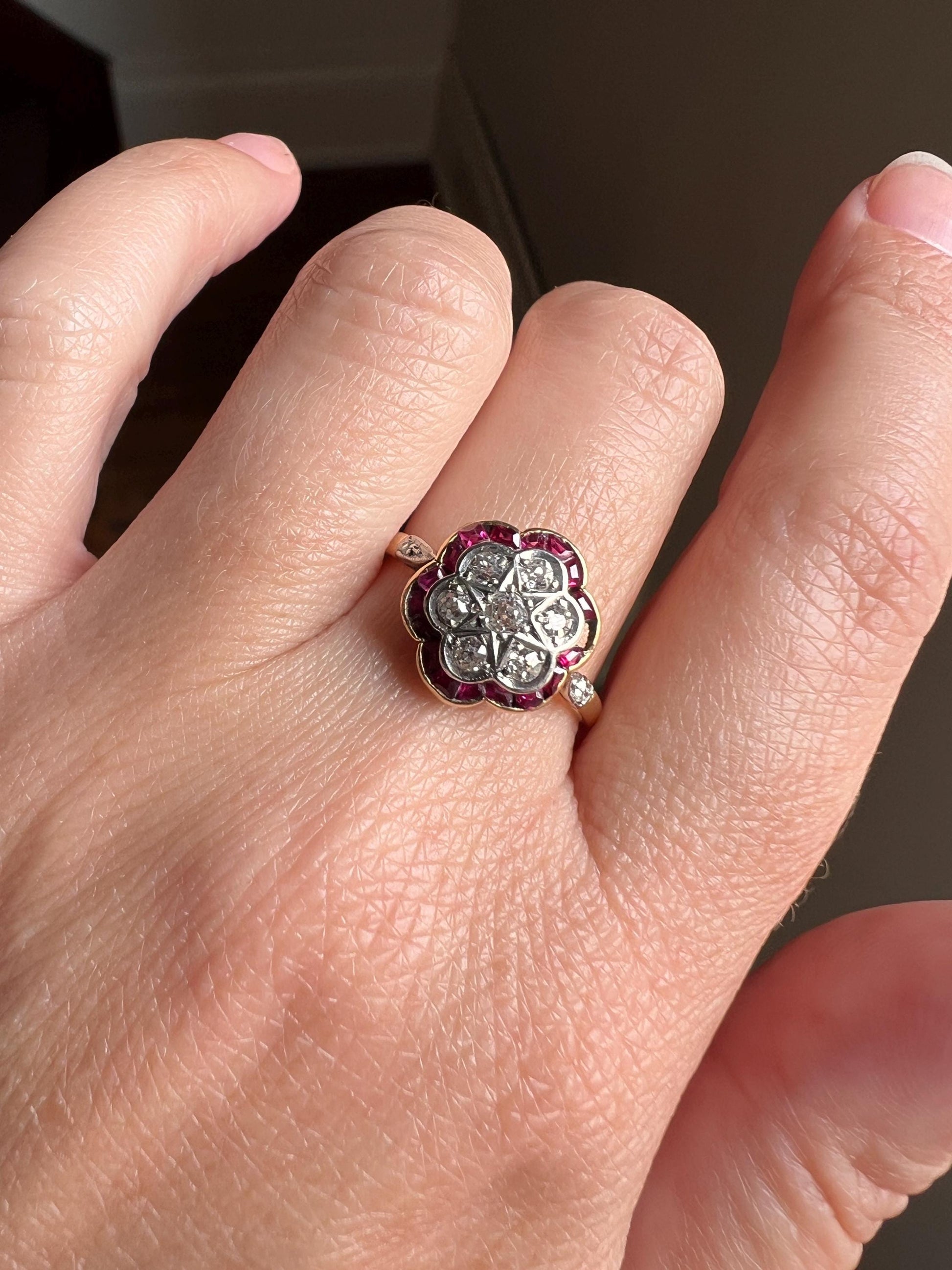 FLORAL Ruby HALO Old Mine Cut Diamond Ring STAR Detail 18k Gold Platinum French Antique Belle Epoque Unique Scalloped Red Cluster OmC Gift