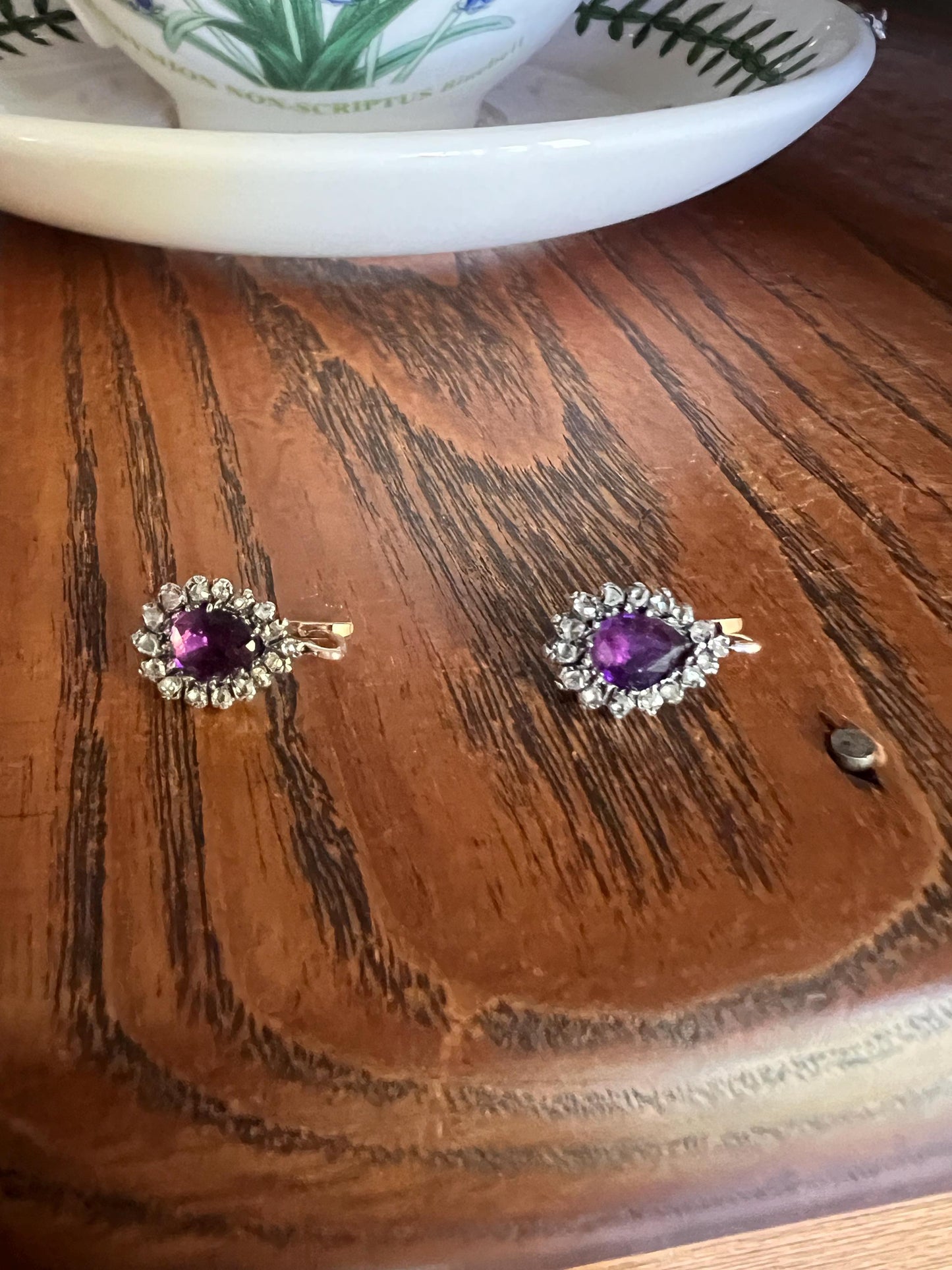 TEARDROP Purple Foiled AMETHYST Pear Rose Cut Diamond Halo Victorian Antique Dormeuse EARRINGS 18k Gold Cluster Dangle Bridal Georgian Gift