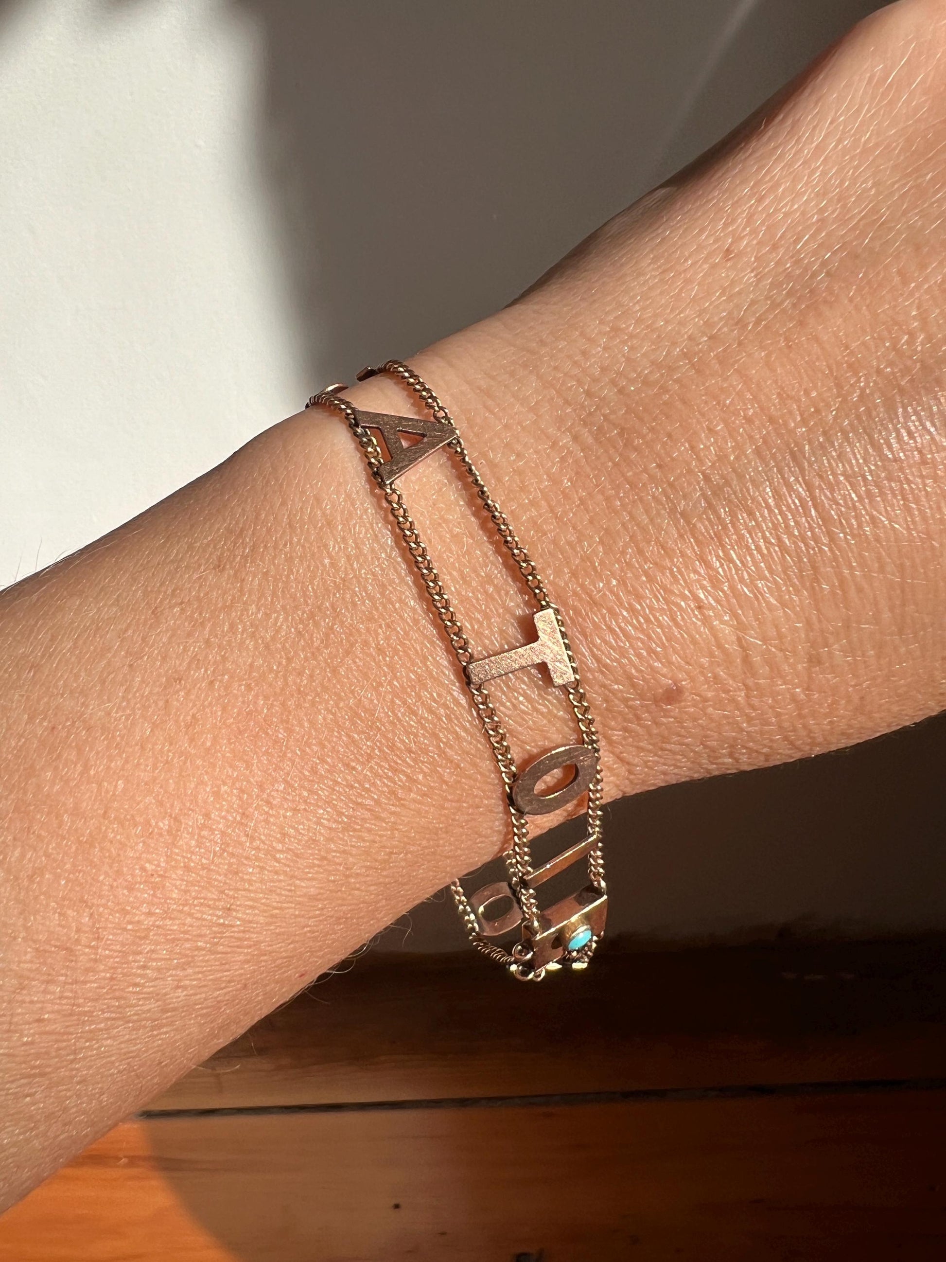 Antique " ALWAYS YOURS " Victorian Letter Bracelet 10k Rose Gold Solid Double Chain Toujours a Toi Turquoise Clasp Romantic Gift Wriststack