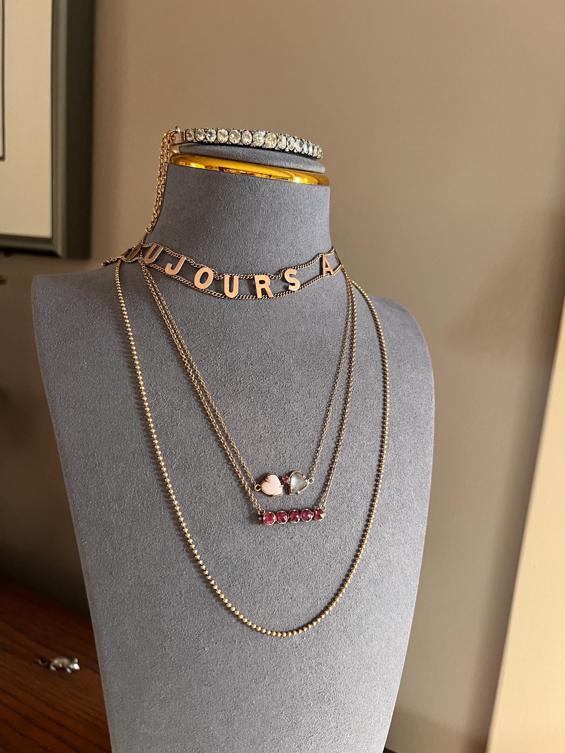 French VICTORIAN Perpignan GARNET Five Stone Bar Brooch Pin 18k Gold Extender Connector for Pendant Conv. Purple Pink Berry Geometric