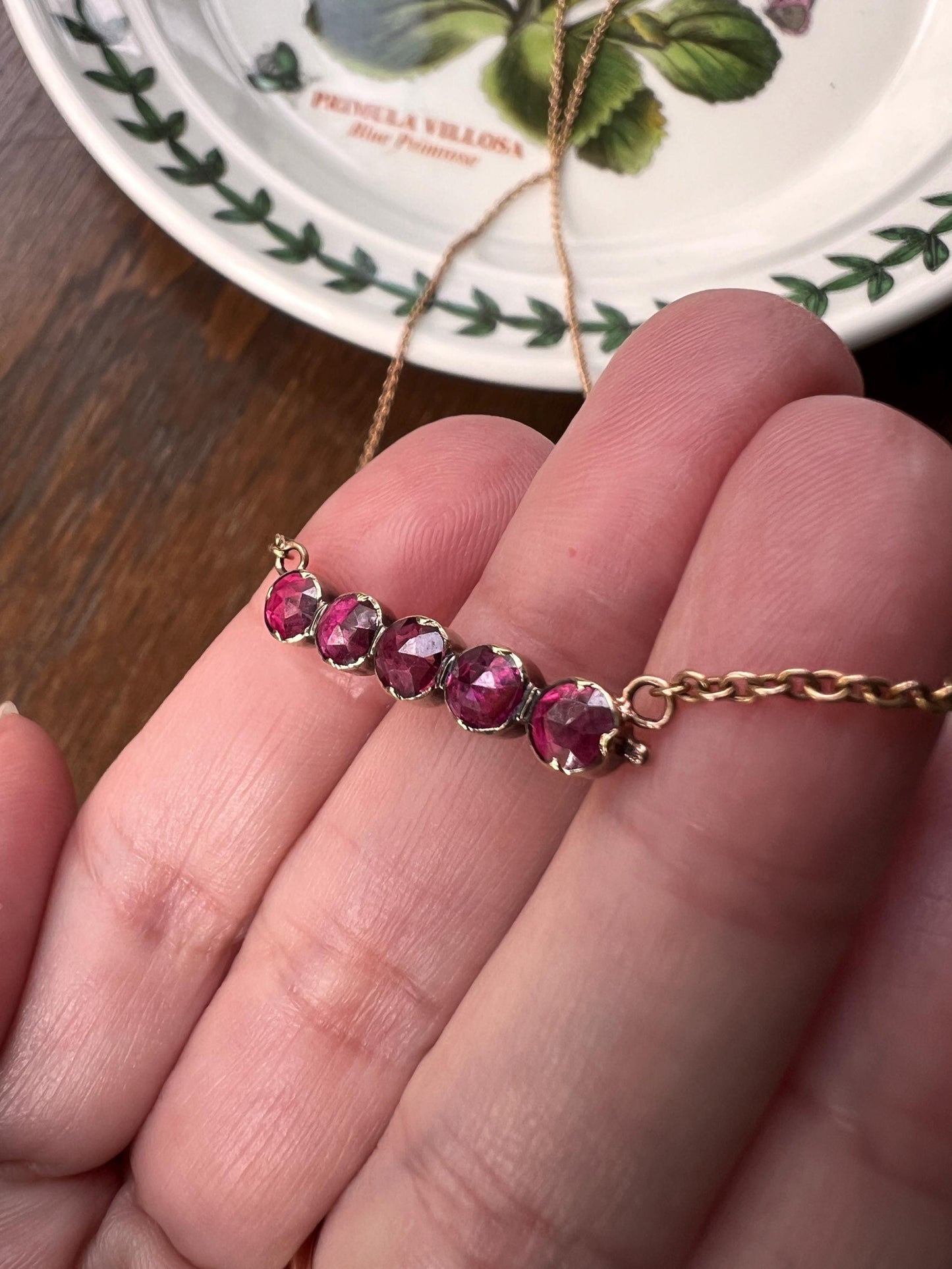 French VICTORIAN Perpignan GARNET Five Stone Bar Necklace 18k Gold Pendant on 10k Rose Chain Purple Pink Berry Geometric Neckmess Neckstack