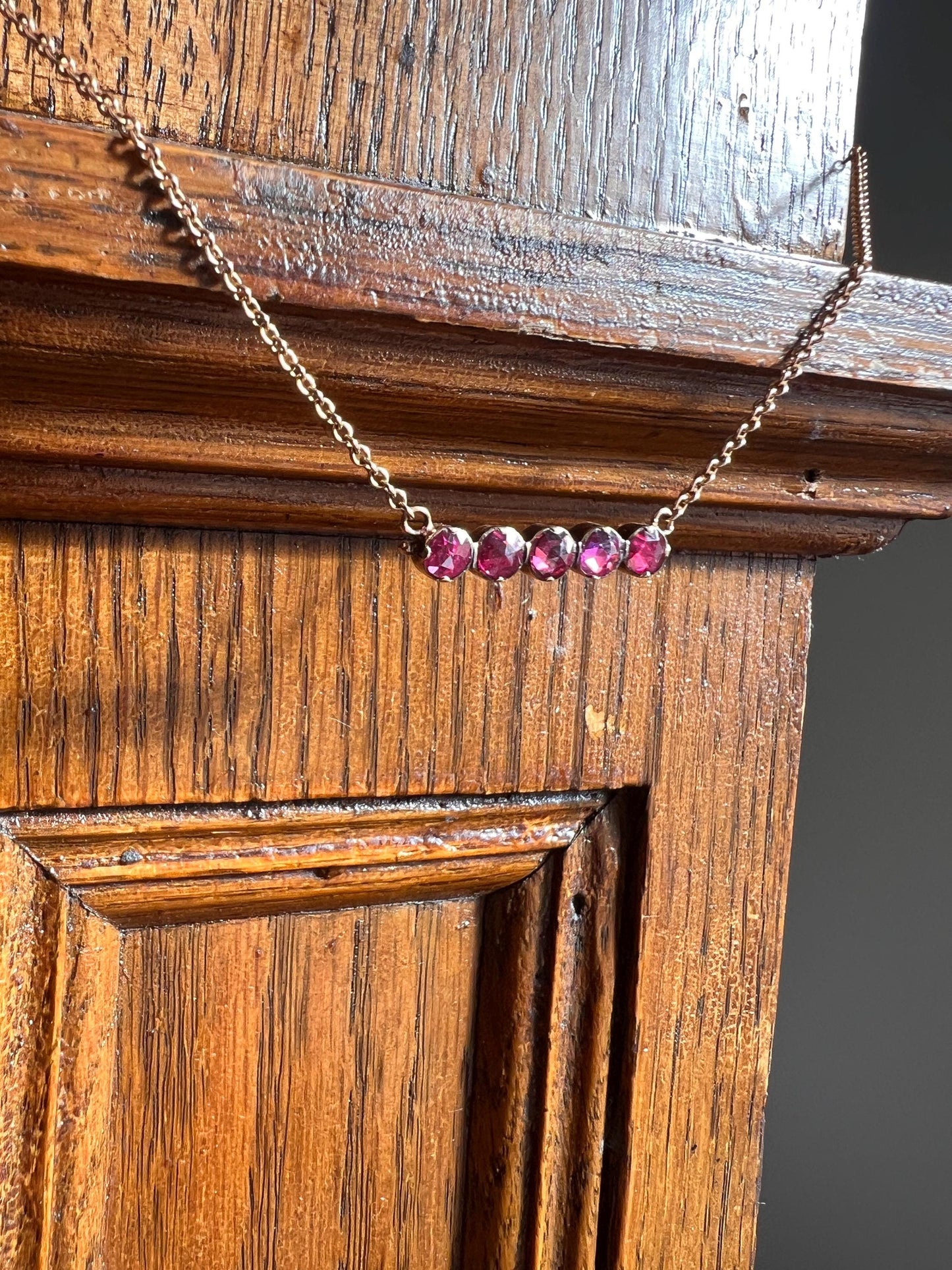 French VICTORIAN Perpignan GARNET Five Stone Bar Necklace 18k Gold Pendant on 10k Rose Chain Purple Pink Berry Geometric Neckmess Neckstack