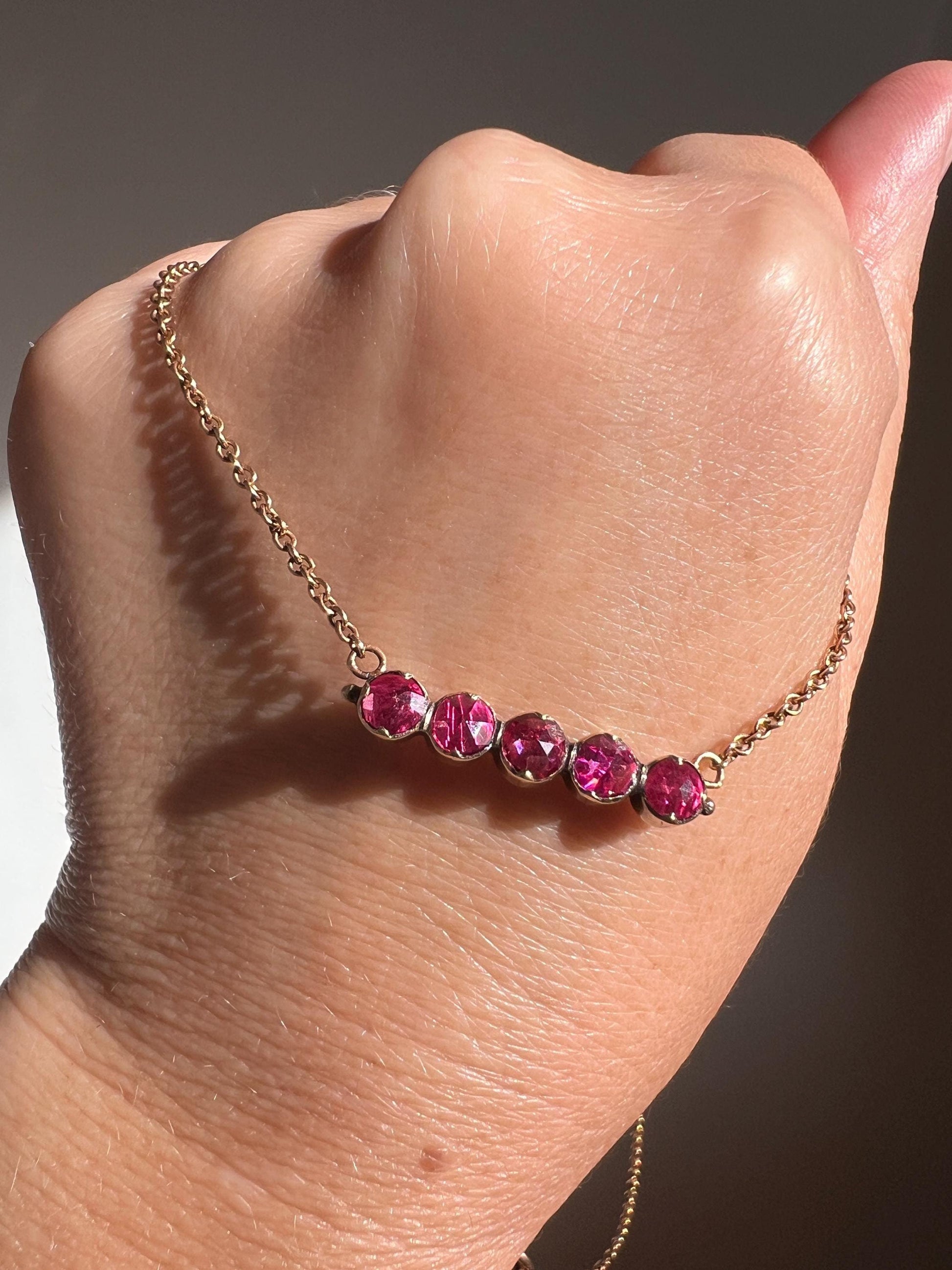 French VICTORIAN Perpignan GARNET Five Stone Bar Brooch Pin 18k Gold Extender Connector for Pendant Conv. Purple Pink Berry Geometric