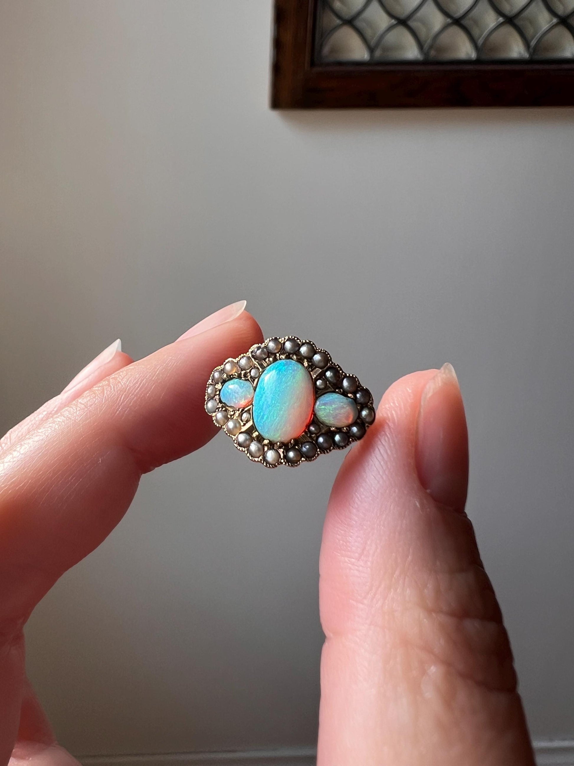 Very BLUE Three OPAL Pearl Halo Ring 14k Gold VICTORIAN Antique Ornate Stacker Warm Gray Purple Iridescent Glossy Blue Romantic Gift