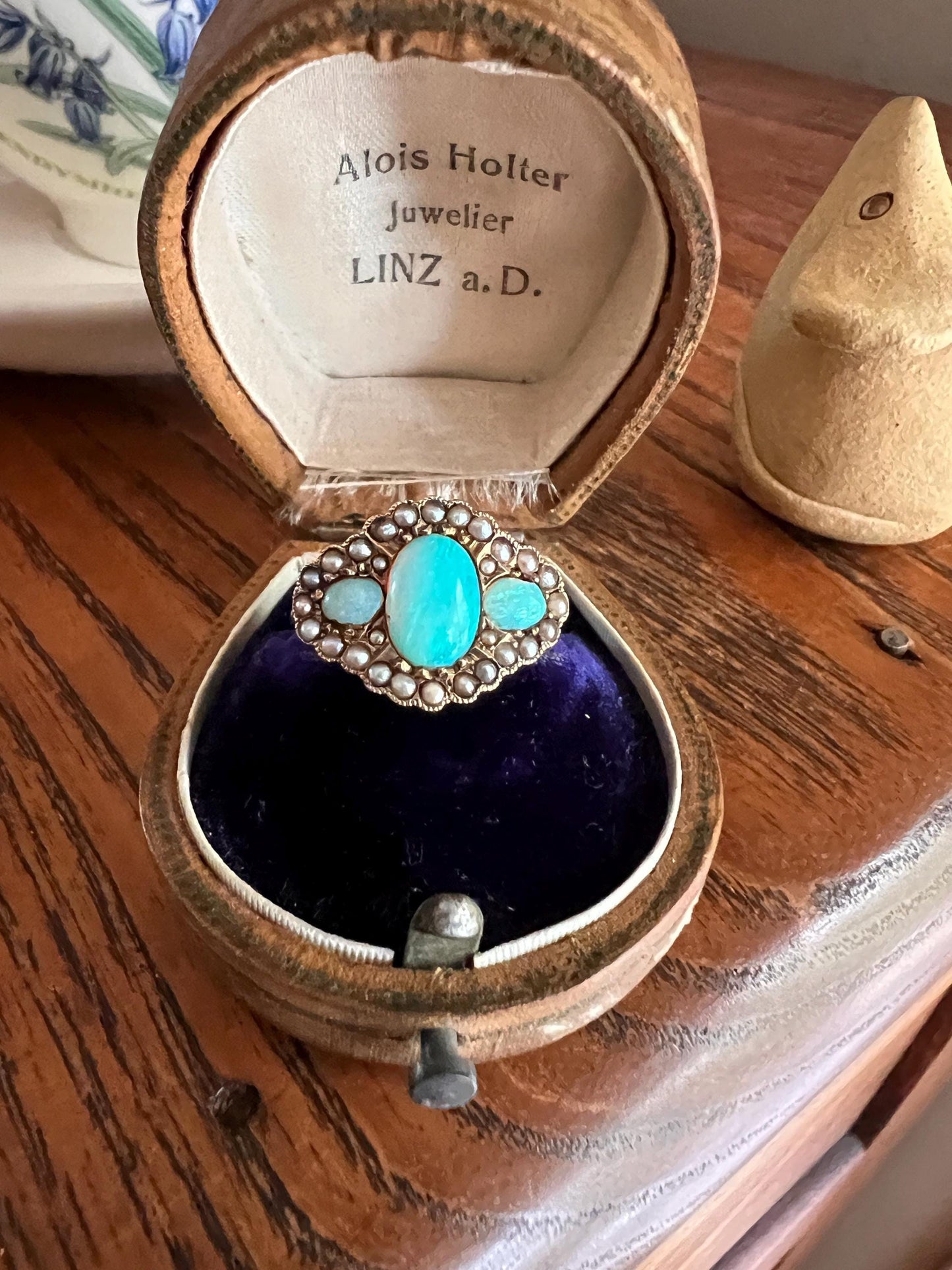 Very BLUE Three OPAL Pearl Halo Ring 14k Gold VICTORIAN Antique Ornate Stacker Warm Gray Purple Iridescent Glossy Blue Romantic Gift