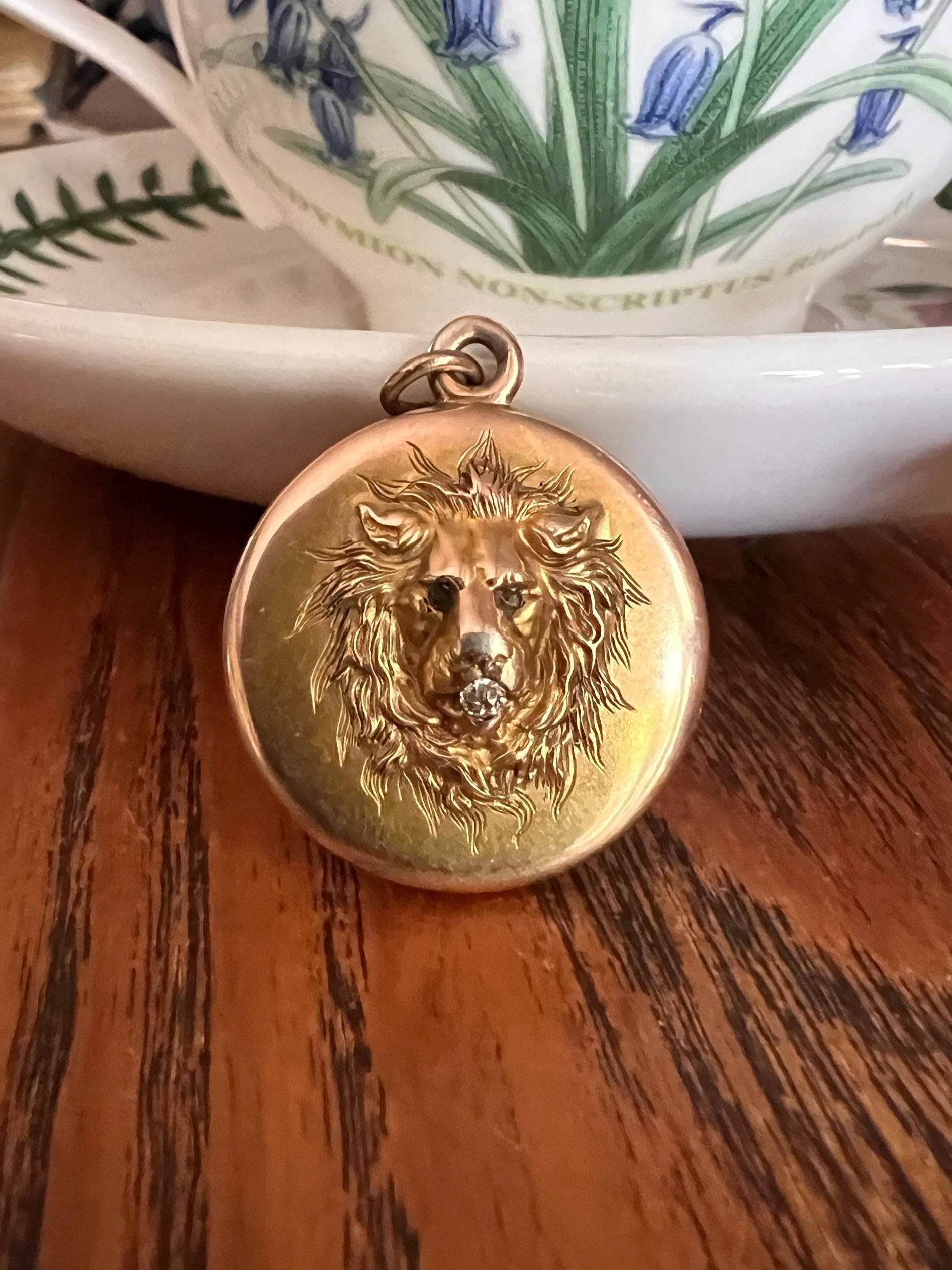 DATED 1904 LION Old Mine Cut Diamond Victorian ANTIQUE Locket "From Papa" Pendant 10k Gold Solid Figural Animal Green Eyes 3D Unisex Gift