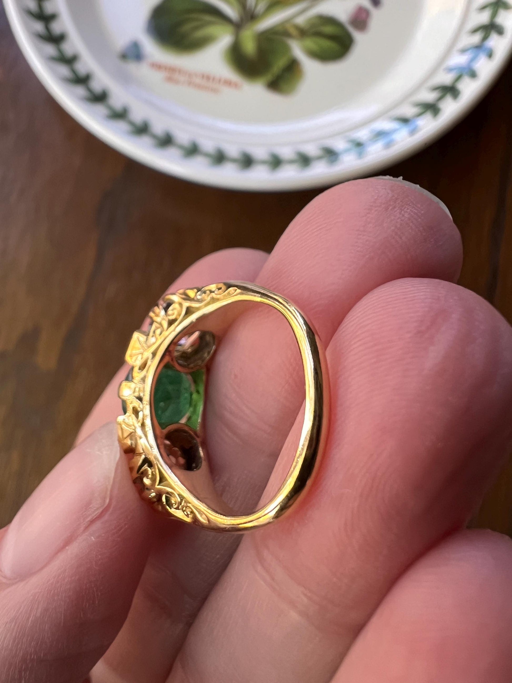 Antique 1.5 Carat Natural EMERALD & 1.9 Carat Tdw Eye Clean Old Mine Cut DIAMOND Three Stone Ring 18k Gold Big Chunky Stacker Art Deco OMC