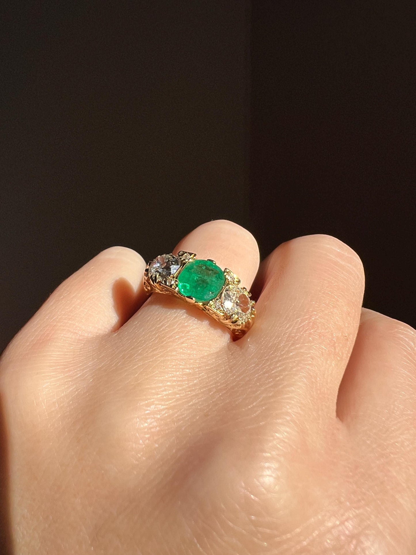 Antique 1.5 Carat Natural EMERALD & 1.9 Carat Tdw Eye Clean Old Mine Cut DIAMOND Three Stone Ring 18k Gold Big Chunky Stacker Art Deco OMC